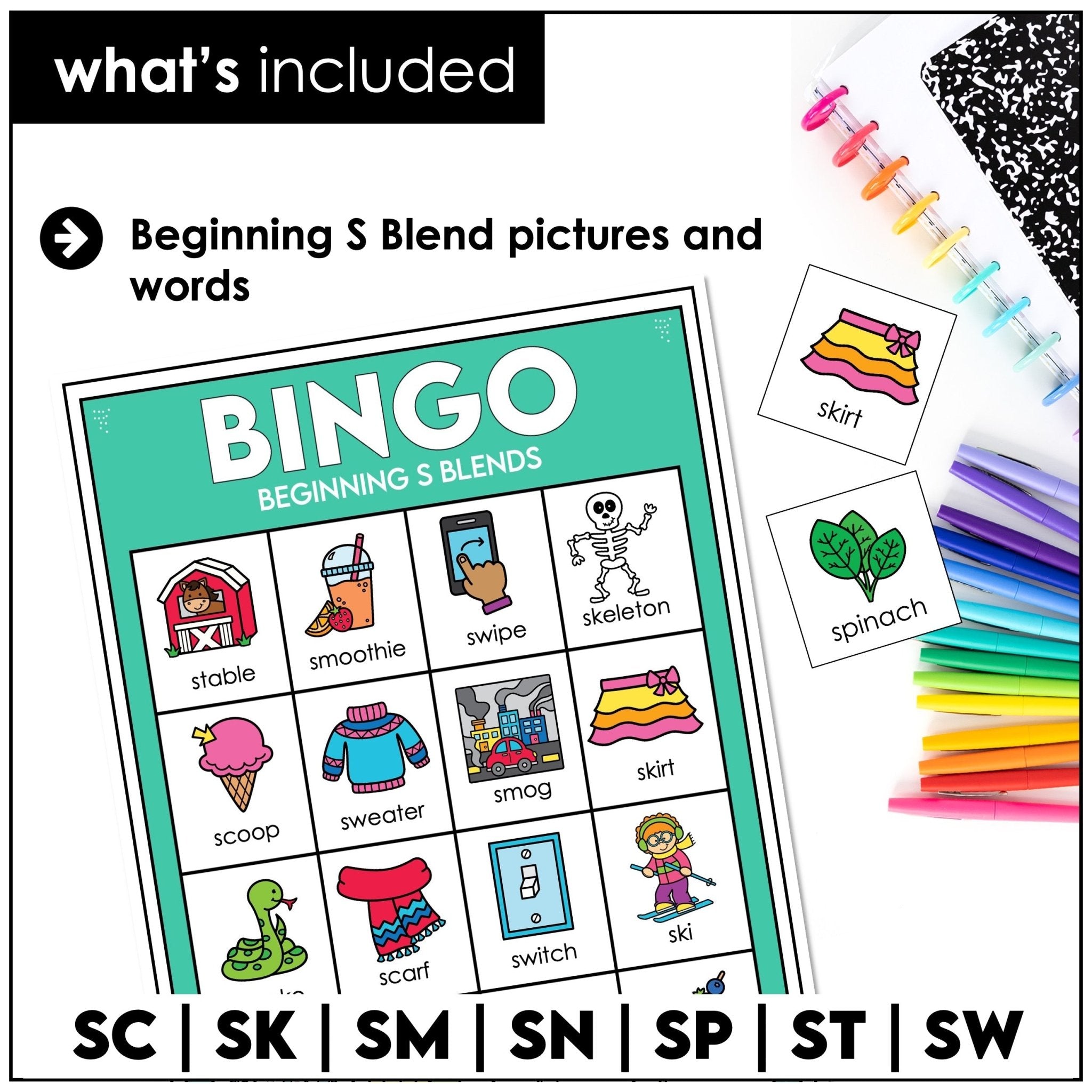 S Blends Bingo Game – Beginning Consonant Blends SC, SK, SM, SN, SL, SP, ST, SW Phonics - Hot Chocolate Teachables