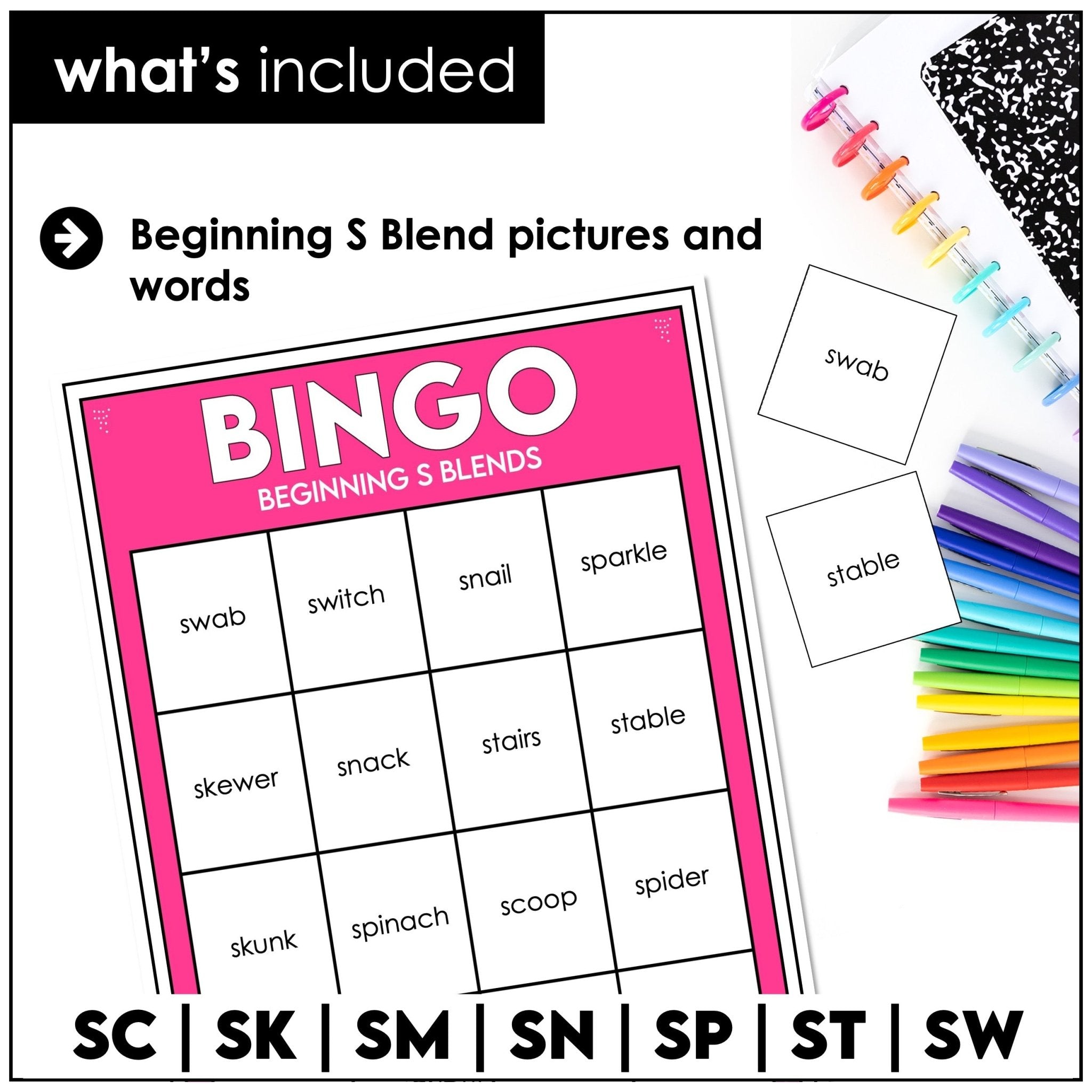 S Blends Bingo Game – Beginning Consonant Blends SC, SK, SM, SN, SL, SP, ST, SW Phonics - Hot Chocolate Teachables