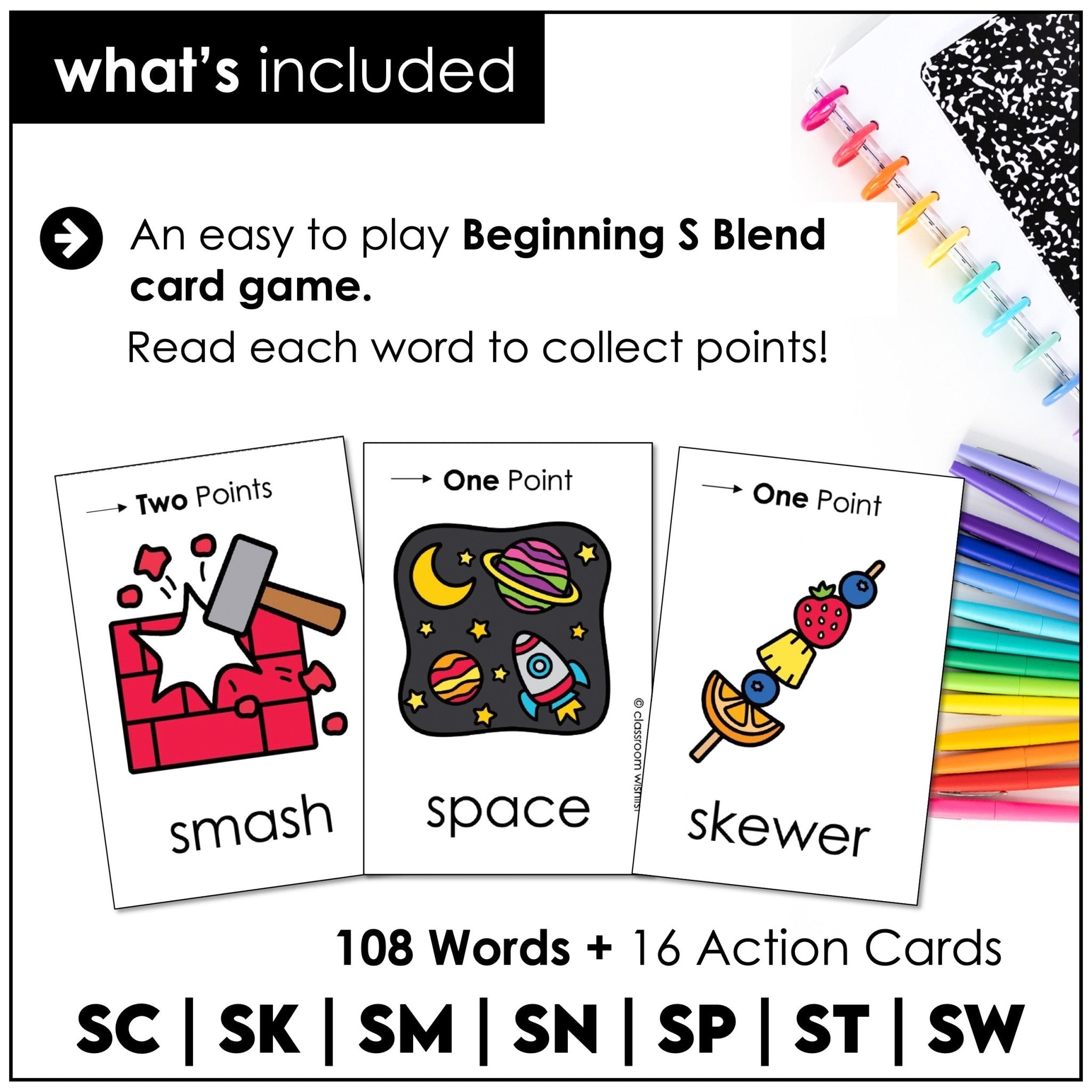 S Blends Card Game – Beginning Blends SC, SK, SM, SN, SP, ST, SW Phonics Practice - Hot Chocolate Teachables