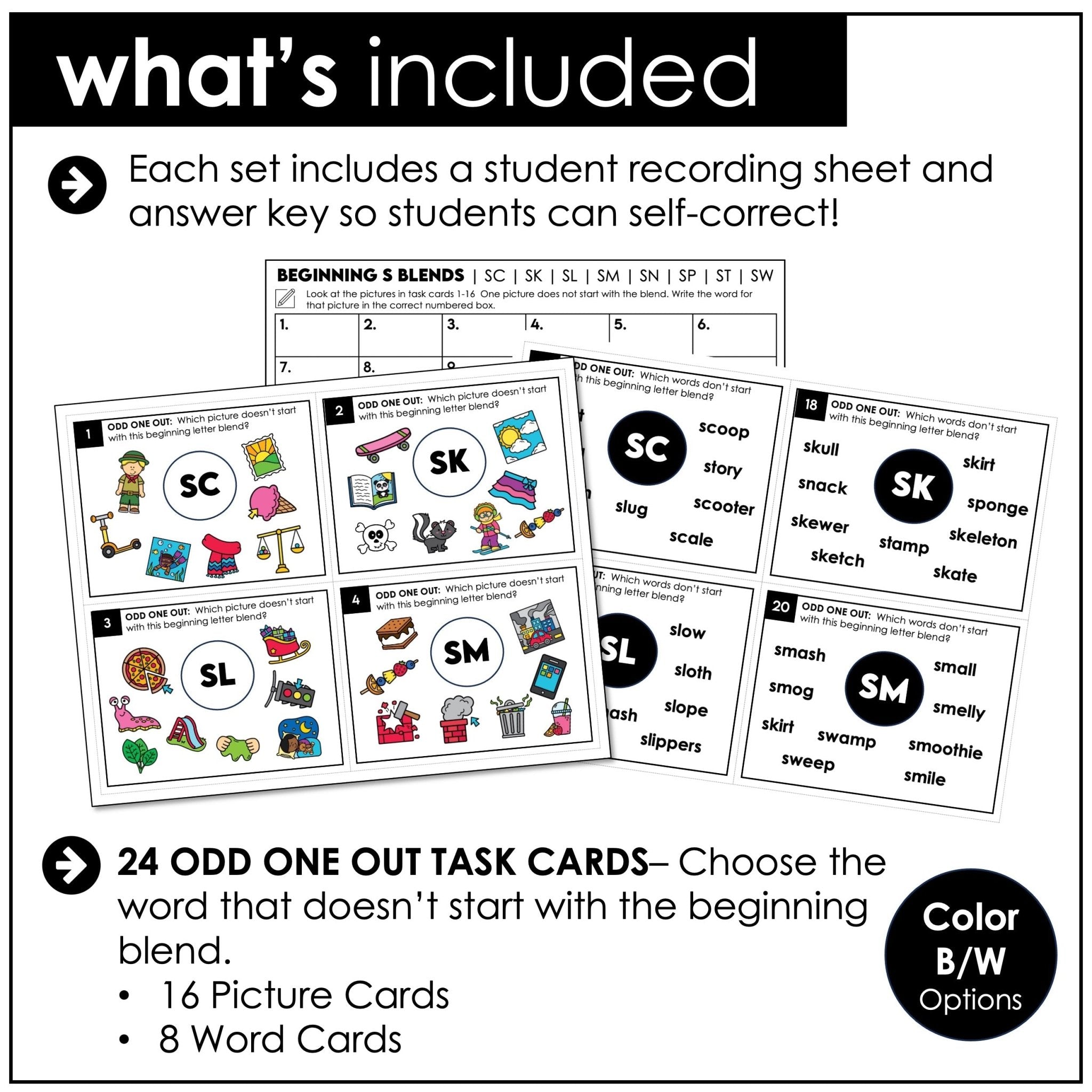 S Blends Task Cards – Beginning Sounds SC, SK, SL, SM, SN, SP, ST, SW Phonics Centers - Hot Chocolate Teachables