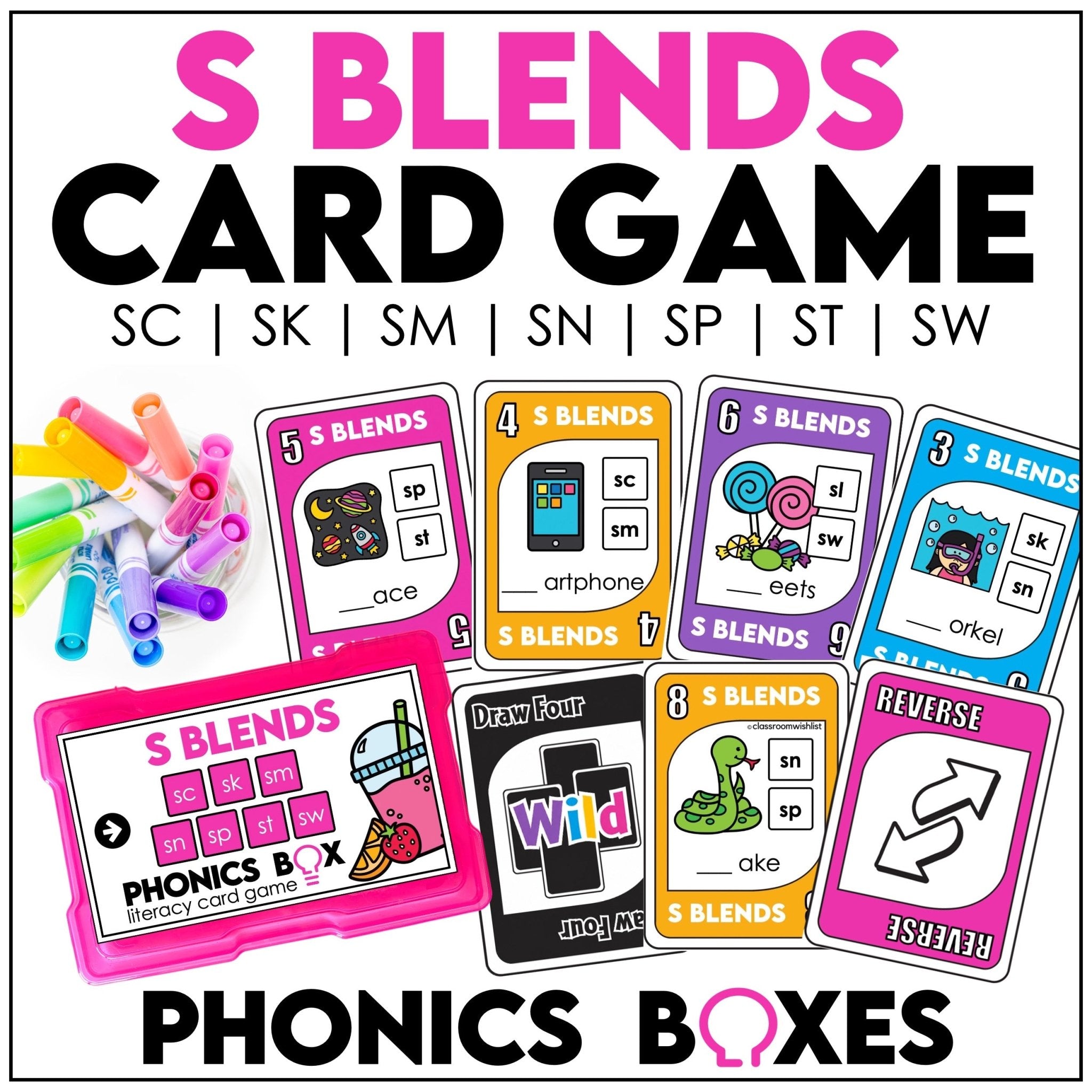 S Blends UNO - Style Card Game – Phonics Practice SC, SK, SM, SN, SP, ST, SW - Hot Chocolate Teachables