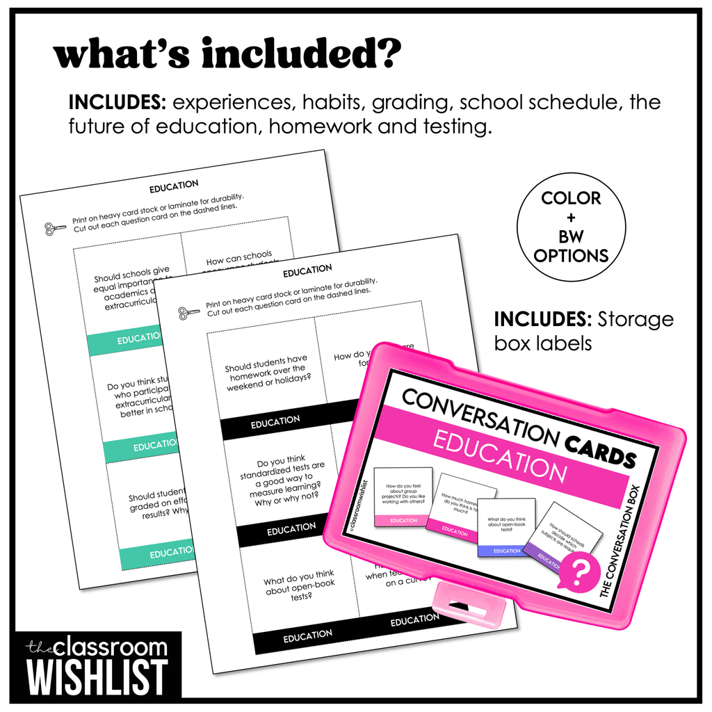 School & Education Conversation Cards | 60 ESL Discussion Prompts for Teens & Ad - Hot Chocolate Teachables