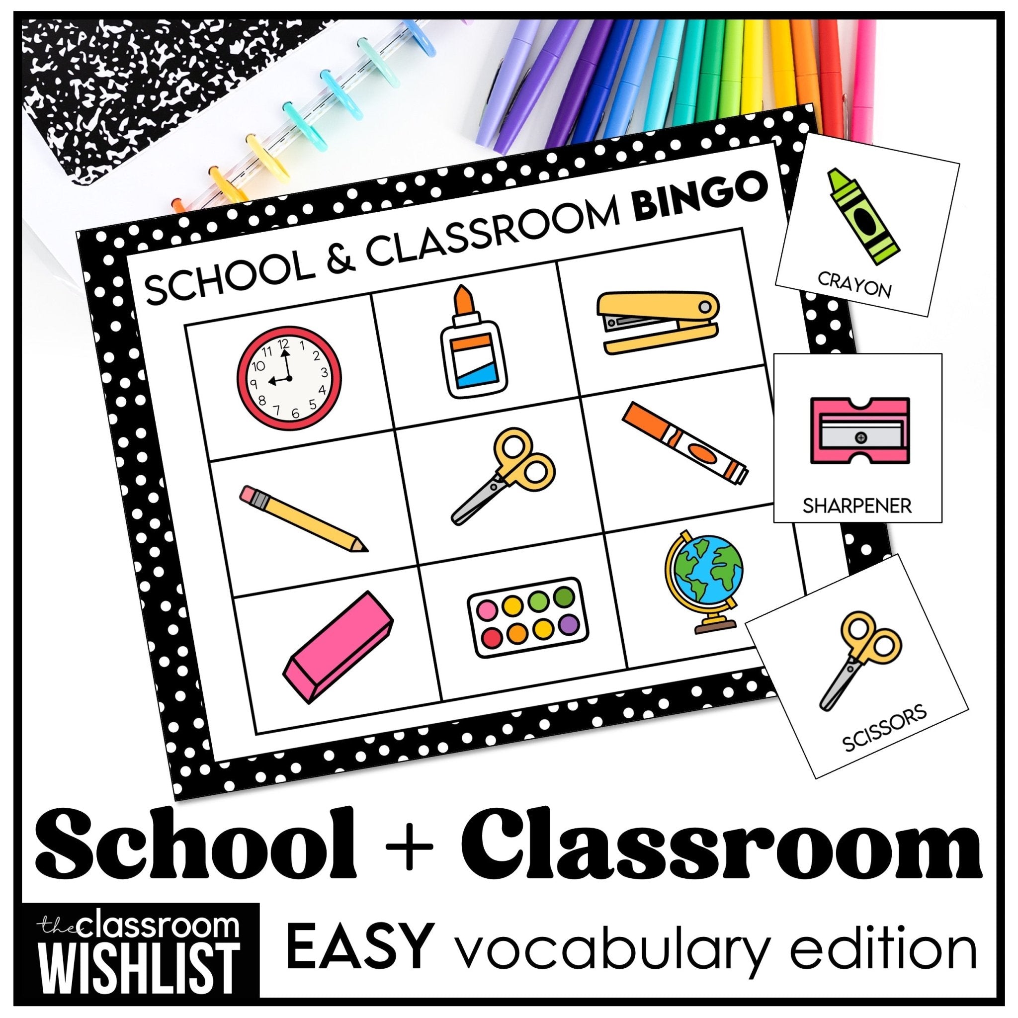 School Supplies Bingo Game Preschool & Kindergarten | Classroom Objects - Hot Chocolate Teachables