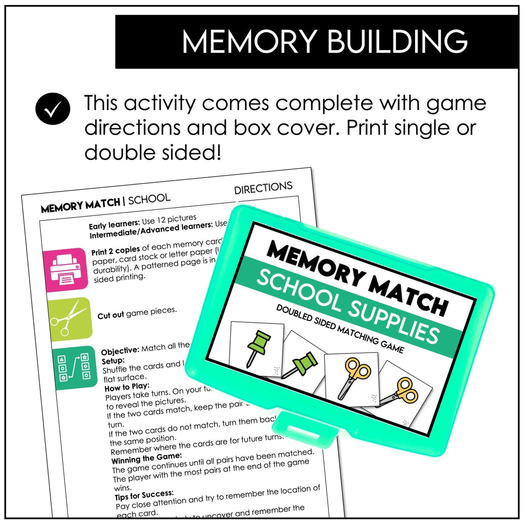 School Supplies Classroom Vocabulary Memory Match Game - 24 Picture Cards - Hot Chocolate Teachables