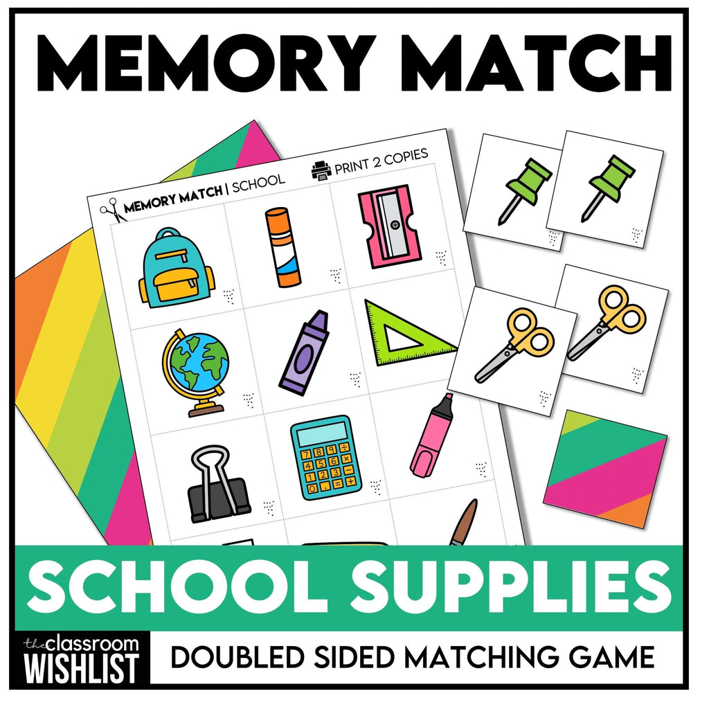 School Supplies Classroom Vocabulary Memory Match Game - 24 Picture Cards - Hot Chocolate Teachables