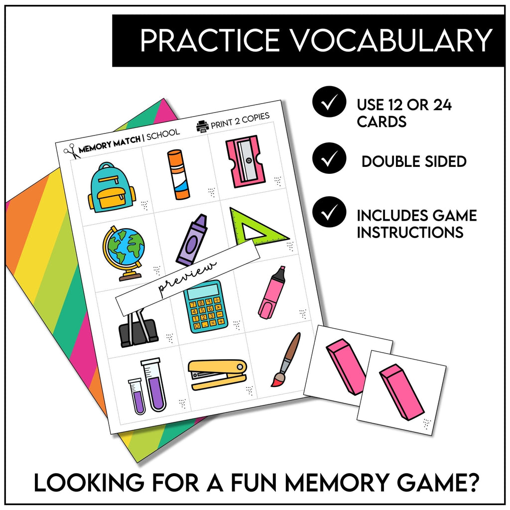 School Supplies Classroom Vocabulary Memory Match Game - 24 Picture Cards - Hot Chocolate Teachables