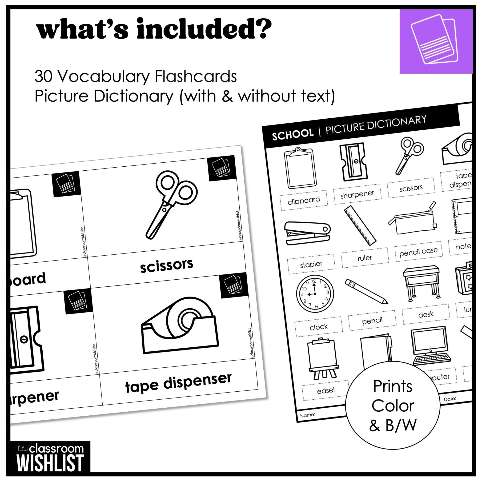 School Supplies Vocabulary English Flashcards ESL ELL Young Learners, Newcomers - Hot Chocolate Teachables