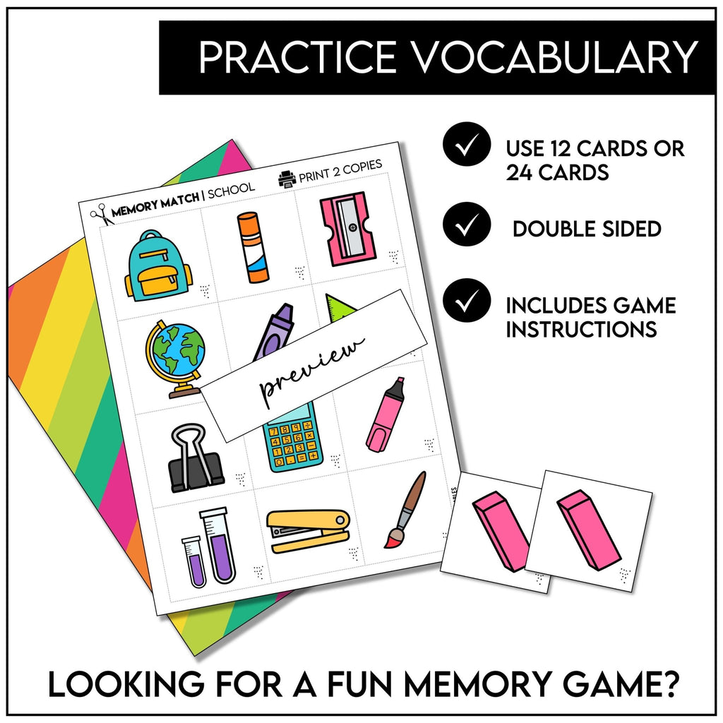 School Supplies Vocabulary Memory Match - Hot Chocolate Teachables