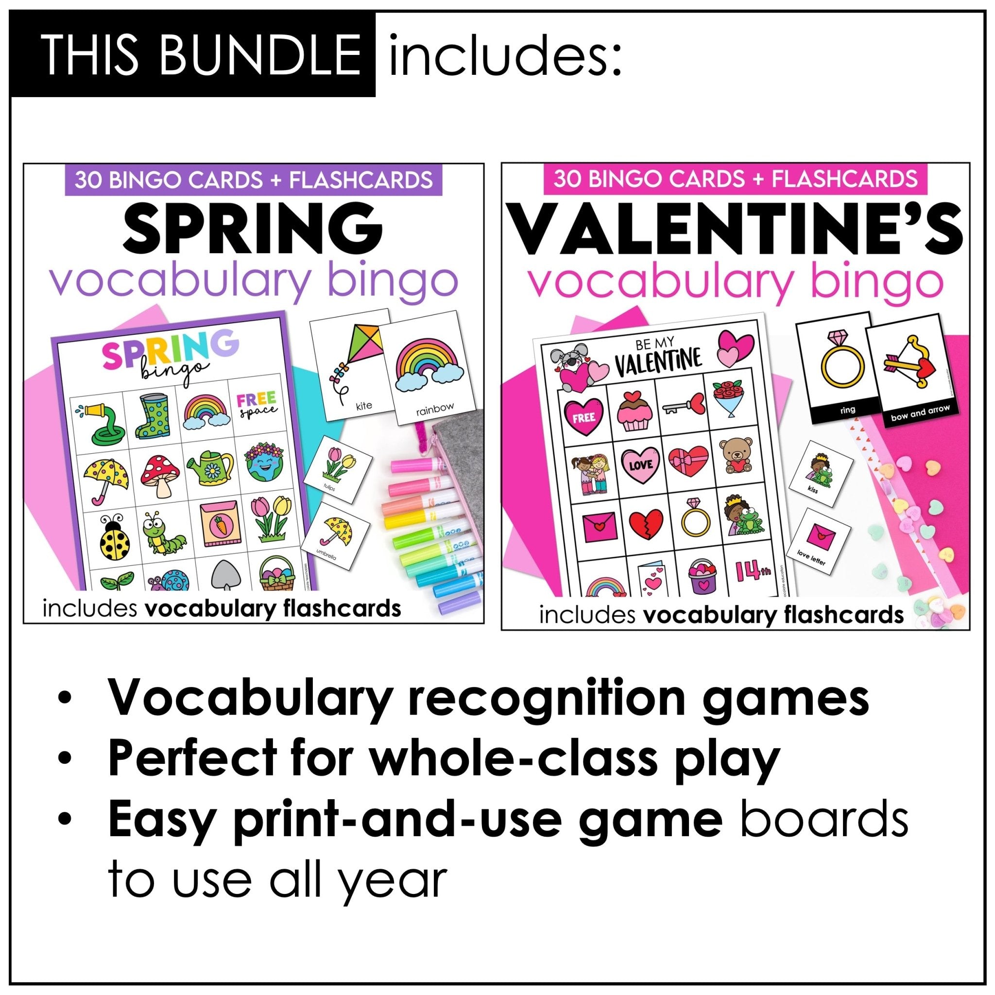 Seasonal Vocabulary Bingo Games Bundle – Valentine’s, Spring, Halloween, Thanksgiving & Christmas - Hot Chocolate Teachables
