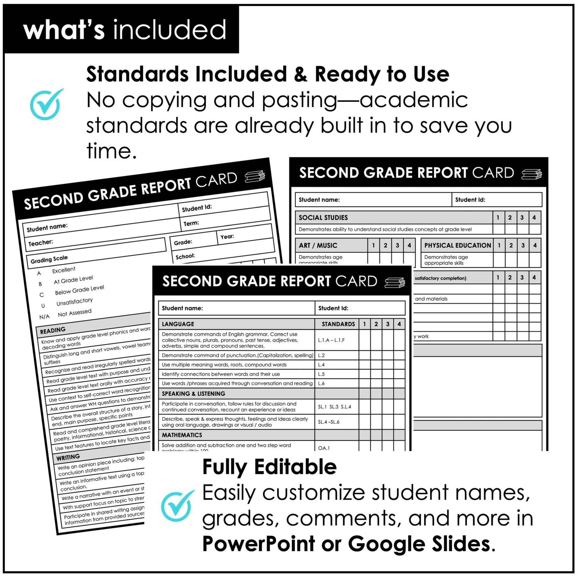 Second Grade Editable Report Card Templates Common Core Standards Based - Hot Chocolate Teachables