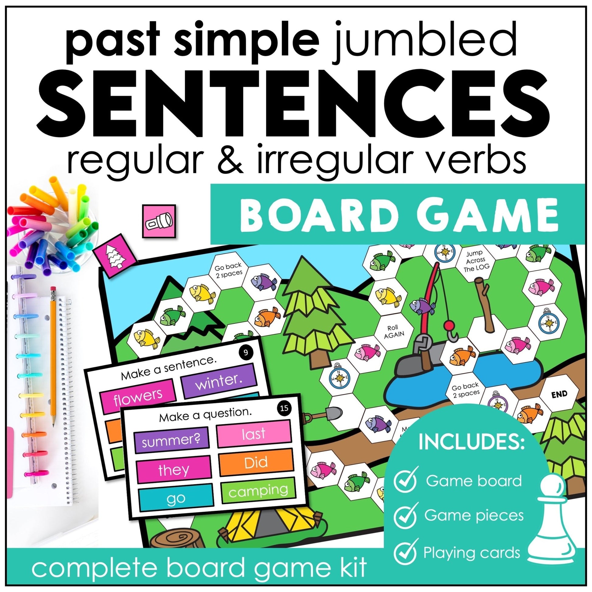 Sentence Building Board Game | Past Simple Verbs : Regular and Irregular - Hot Chocolate Teachables