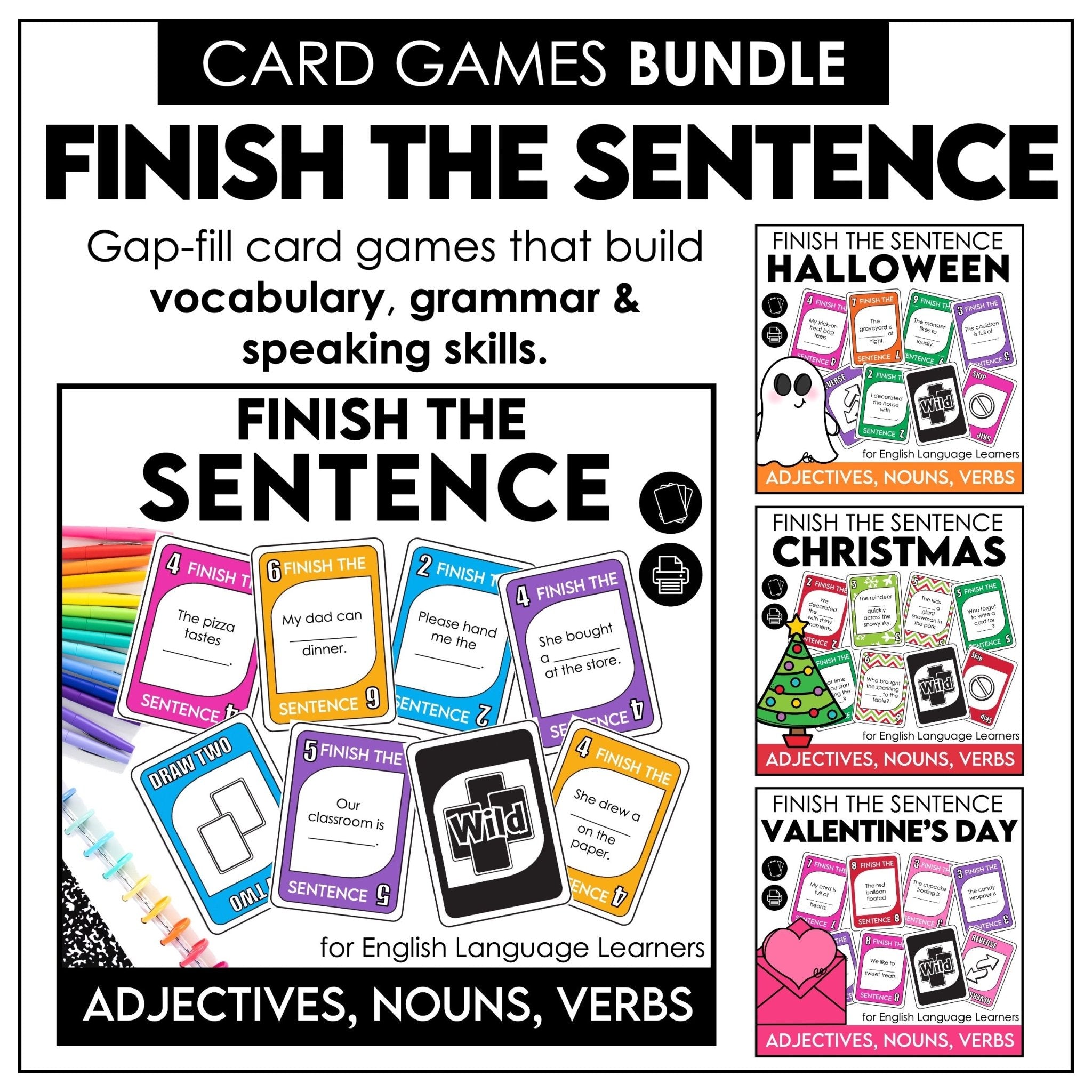 Sentence Building Card Game Bundle – Finish the Sentence Grammar Activities - Hot Chocolate Teachables