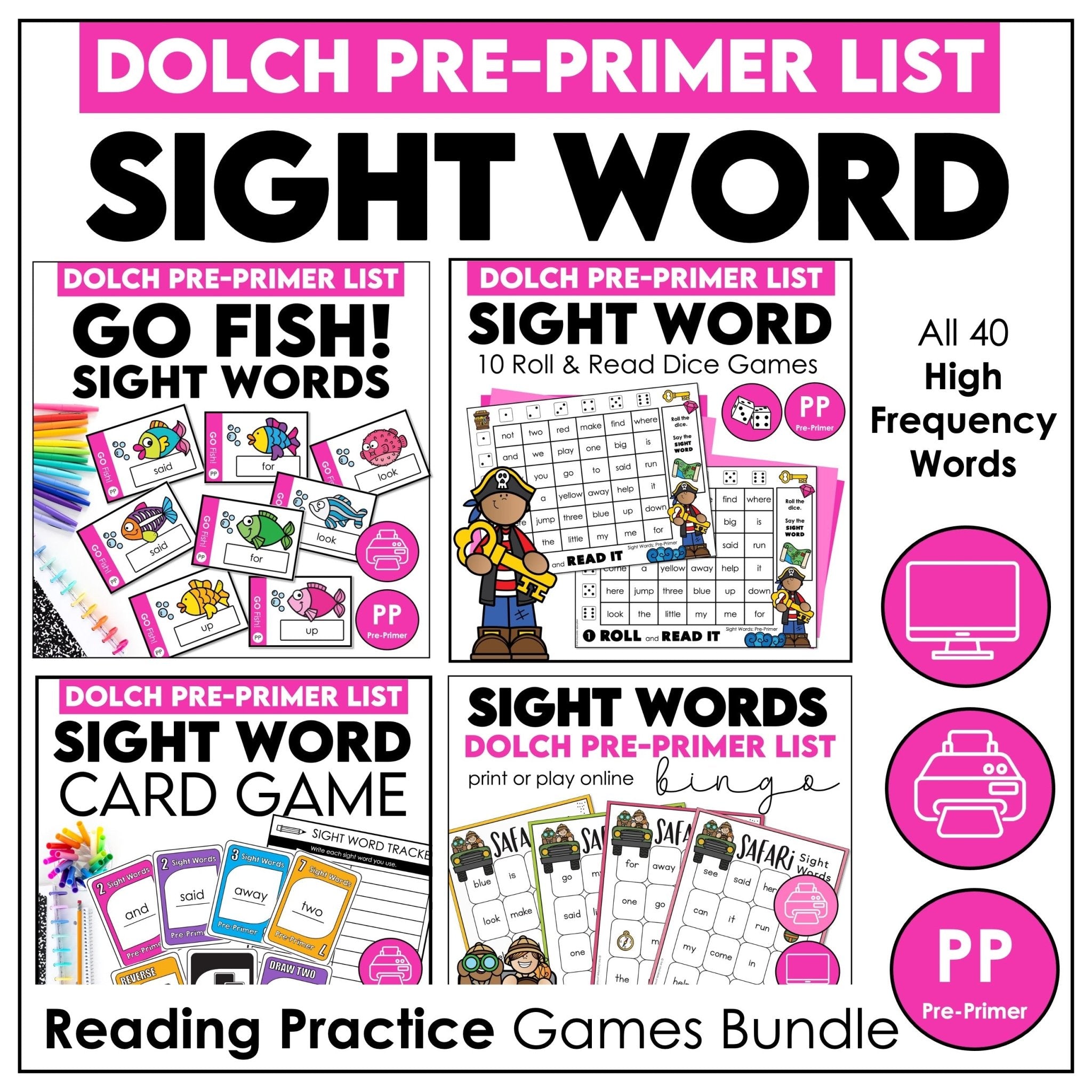 Sight Word Reading Games – Dolch Pre - Primer List for Pre - K & Kindergarten - Hot Chocolate Teachables
