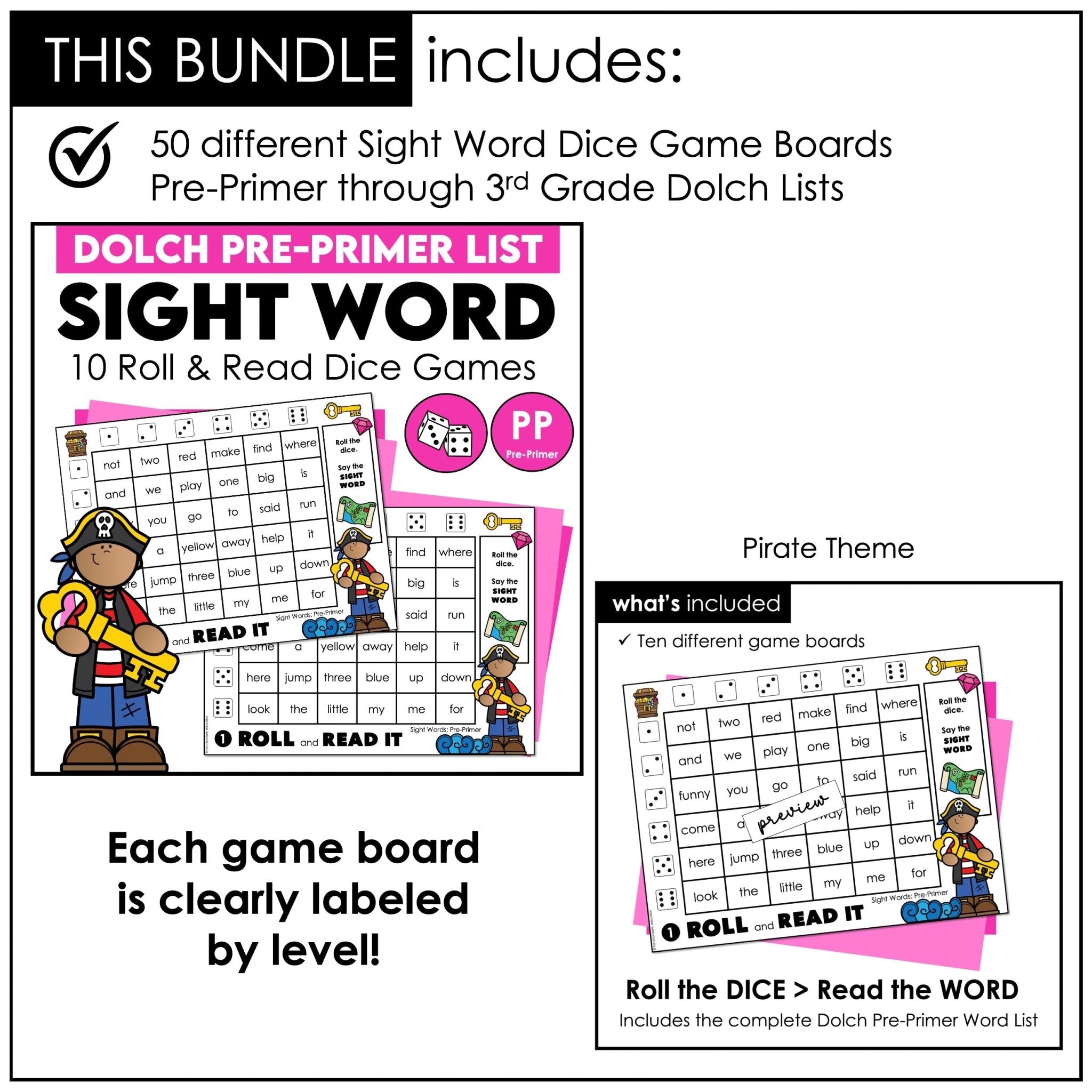 Sight Words Dice Games Bundle – Dolch Pre - Primer to 3rd Grade Reading Centers - Hot Chocolate Teachables