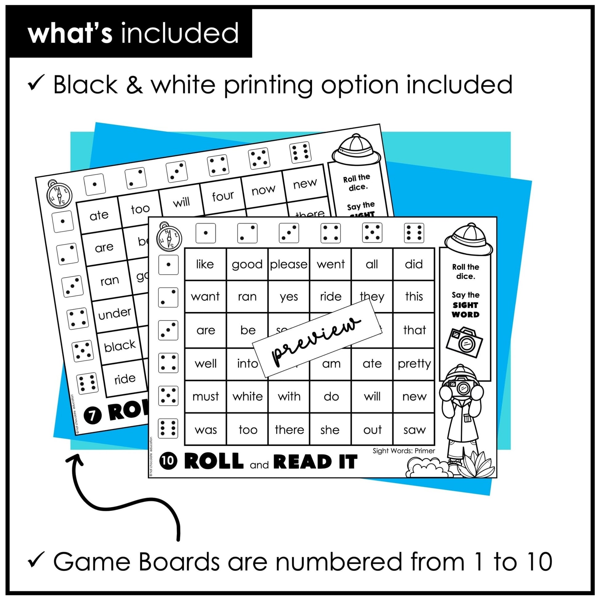 Sight Words Roll & Read Activity Boards - Dolch Primer List - Hot Chocolate Teachables