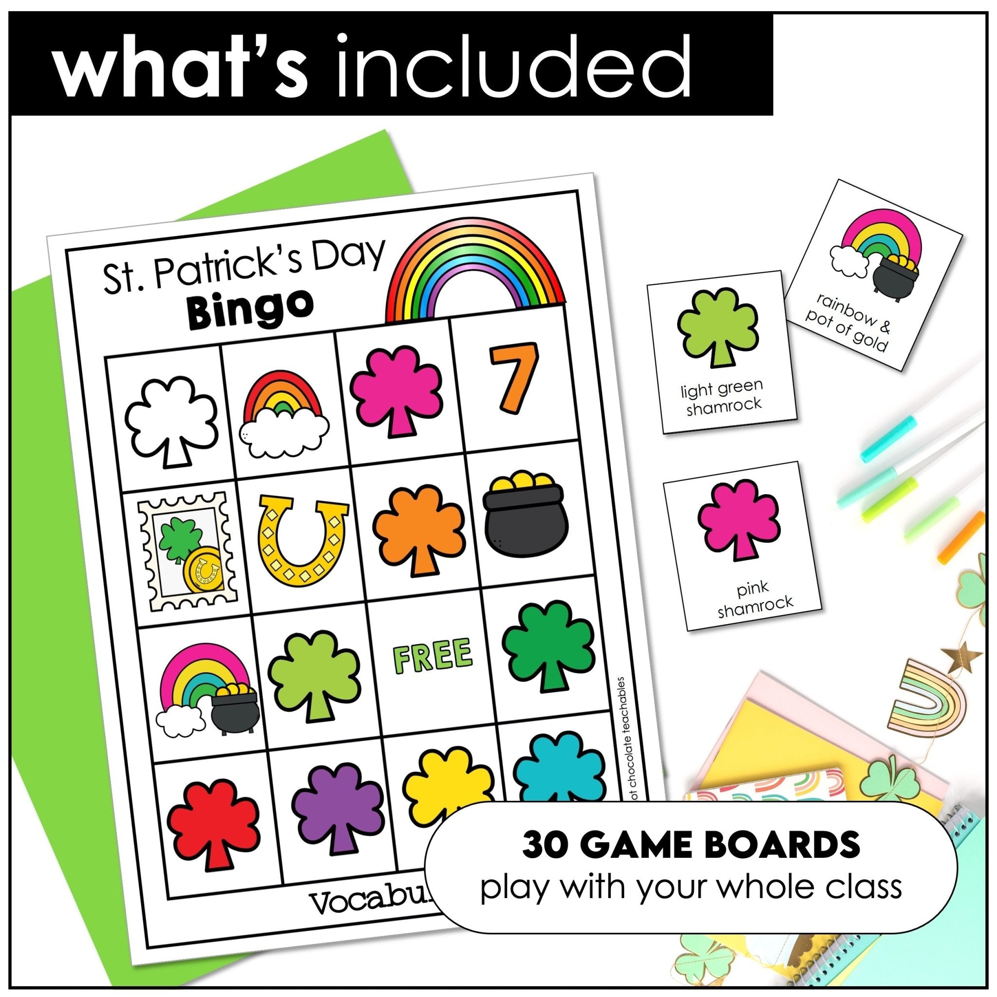 St. Patrick's Day Basic Vocabulary & Colors BINGO for ESL - Hot Chocolate Teachables