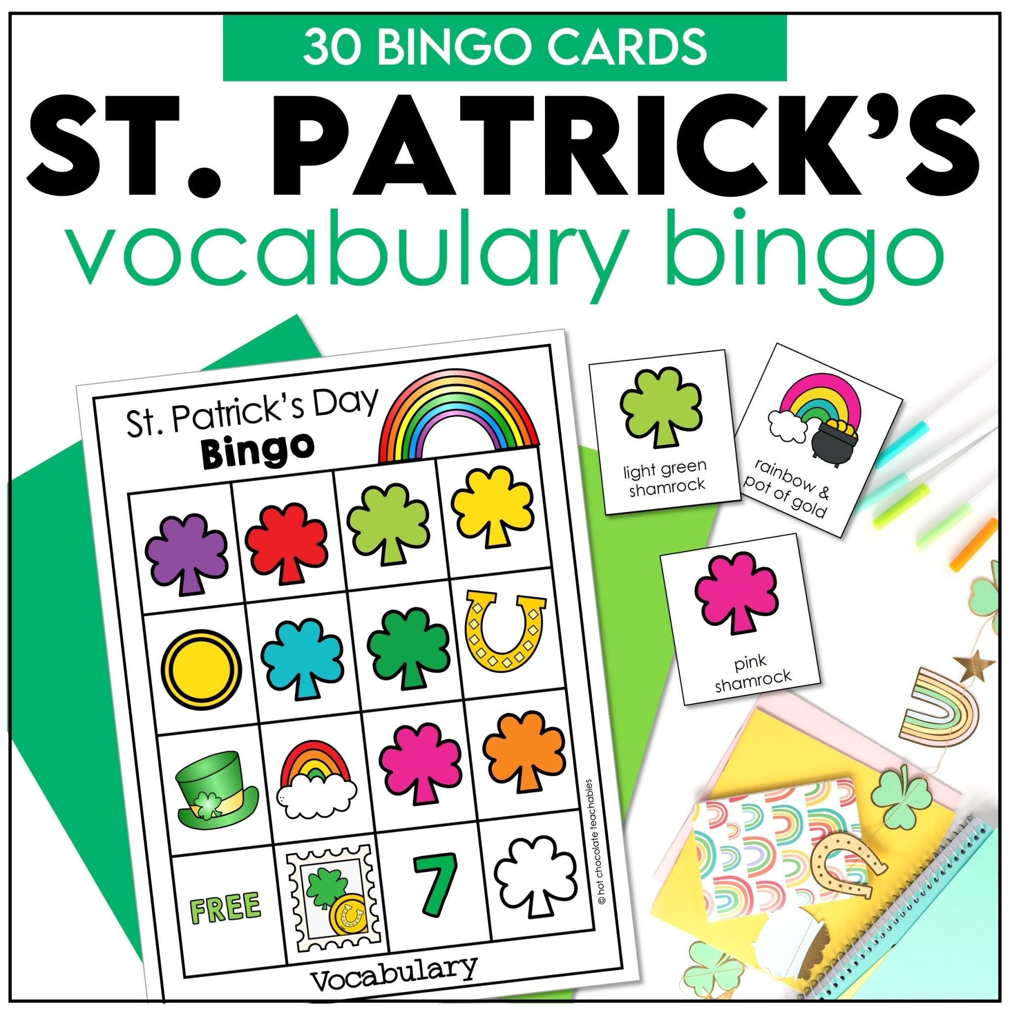 St. Patrick's Day Basic Vocabulary & Colors BINGO for ESL - Hot Chocolate Teachables