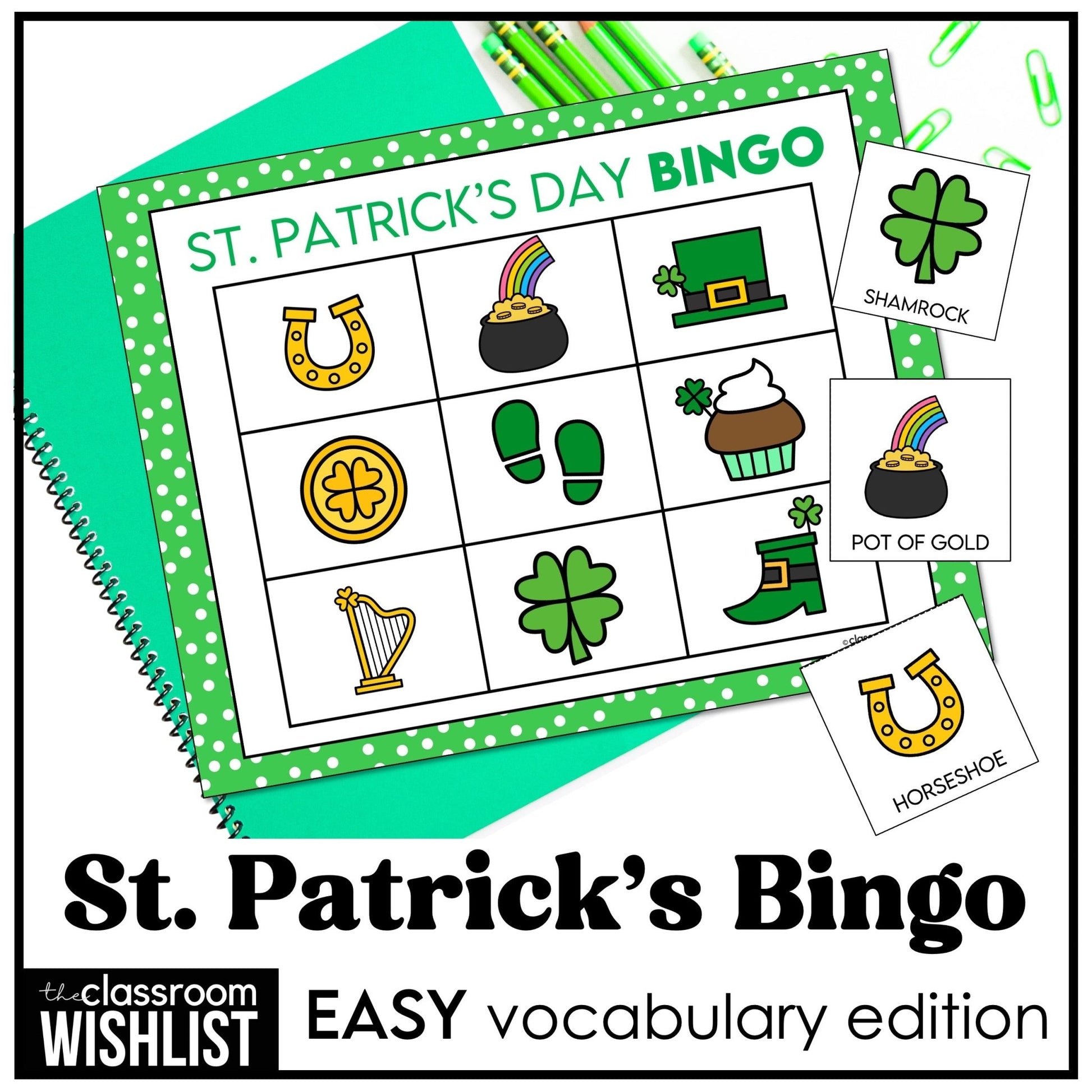 St. Patrick's Day Bingo Game for Preschool and Kindergarten - Easy Vocabulary - Hot Chocolate Teachables