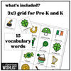 St. Patrick's Day Bingo Game for Preschool and Kindergarten - Easy Vocabulary - Hot Chocolate Teachables