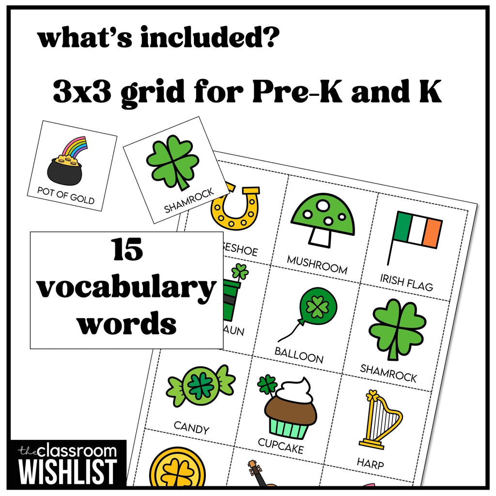 St. Patrick's Day Bingo Game for Preschool and Kindergarten - Easy Vocabulary - Hot Chocolate Teachables