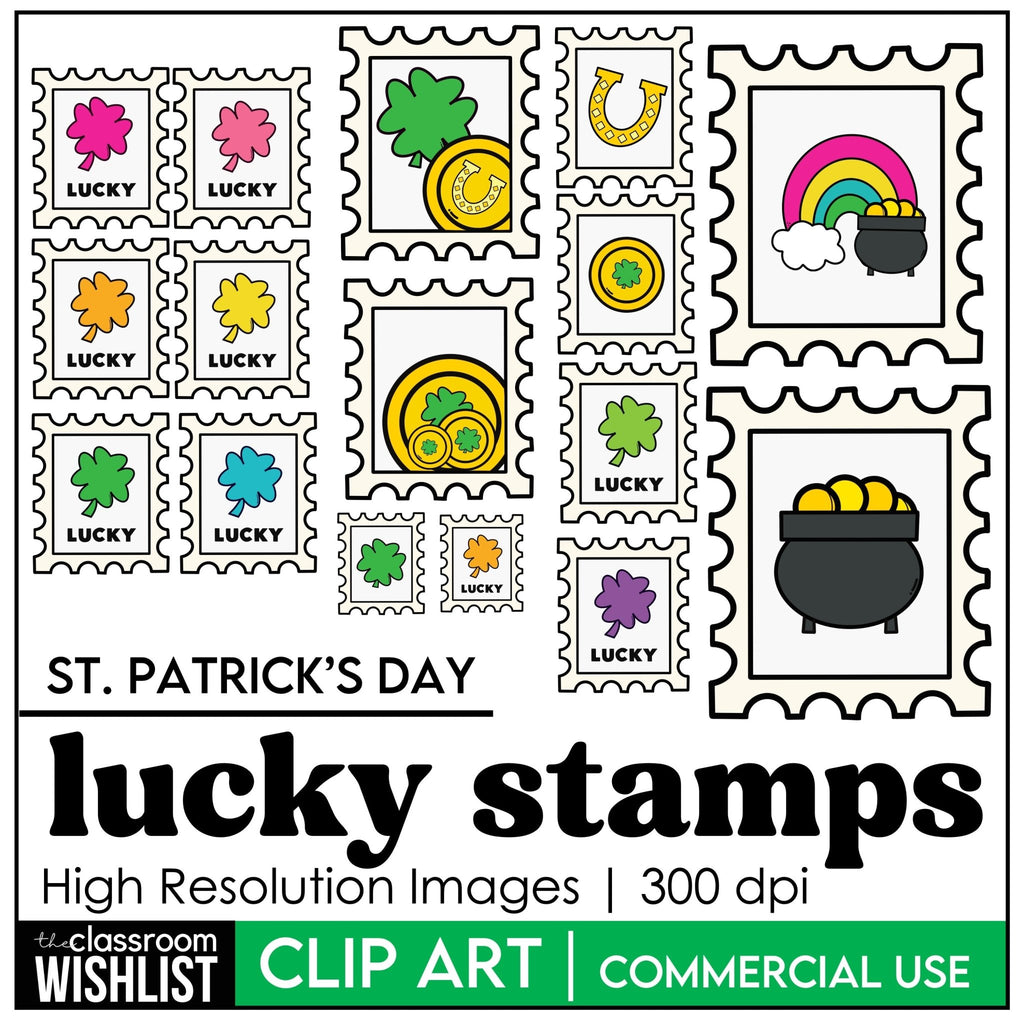 St. Patrick's Day Day Postage Stamps | Lucky Shamrock Clipart | Shamrock Stamps - Hot Chocolate Teachables