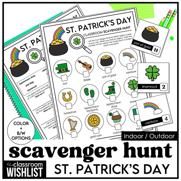 St. Patrick's Day Vocabulary Scavenger Hunt - Classroom Party Game with Clues - Hot Chocolate Teachables