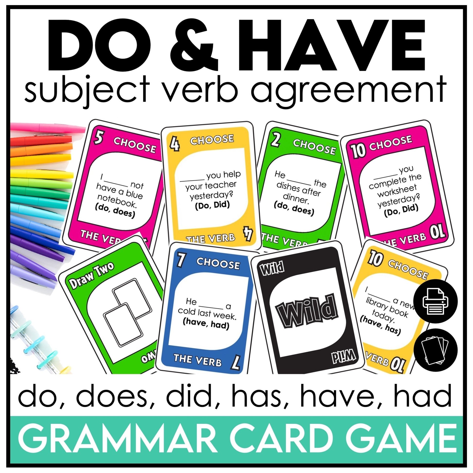 Subject - Verb Agreement Card Game – Do, Does, Did, Has, Have, Had (ESL Grammar) - Hot Chocolate Teachables