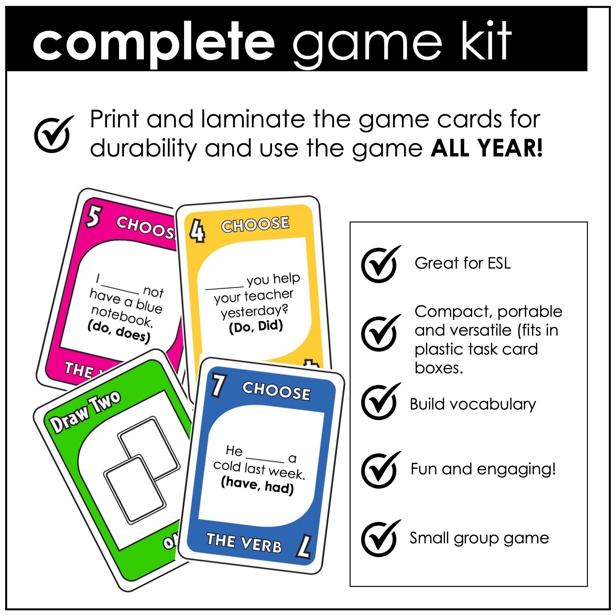 Subject - Verb Agreement Card Game – Do, Does, Did, Has, Have, Had (ESL Grammar) - Hot Chocolate Teachables