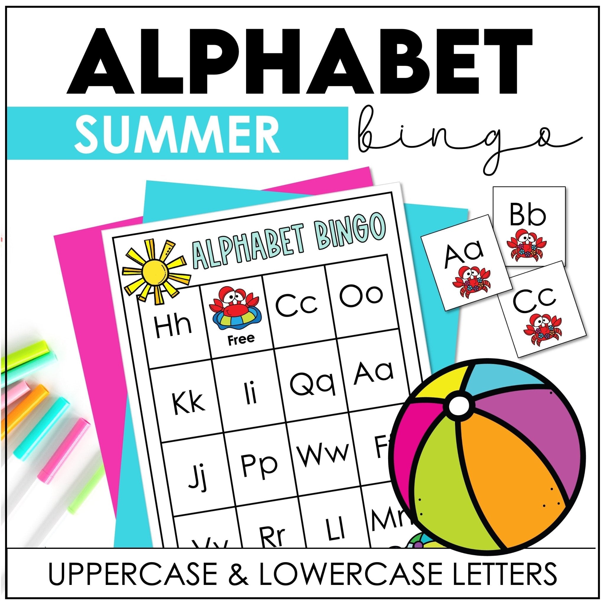 Summer Alphabet Bingo Game Cards - Uppercase & Lowercase Letters - Hot Chocolate Teachables