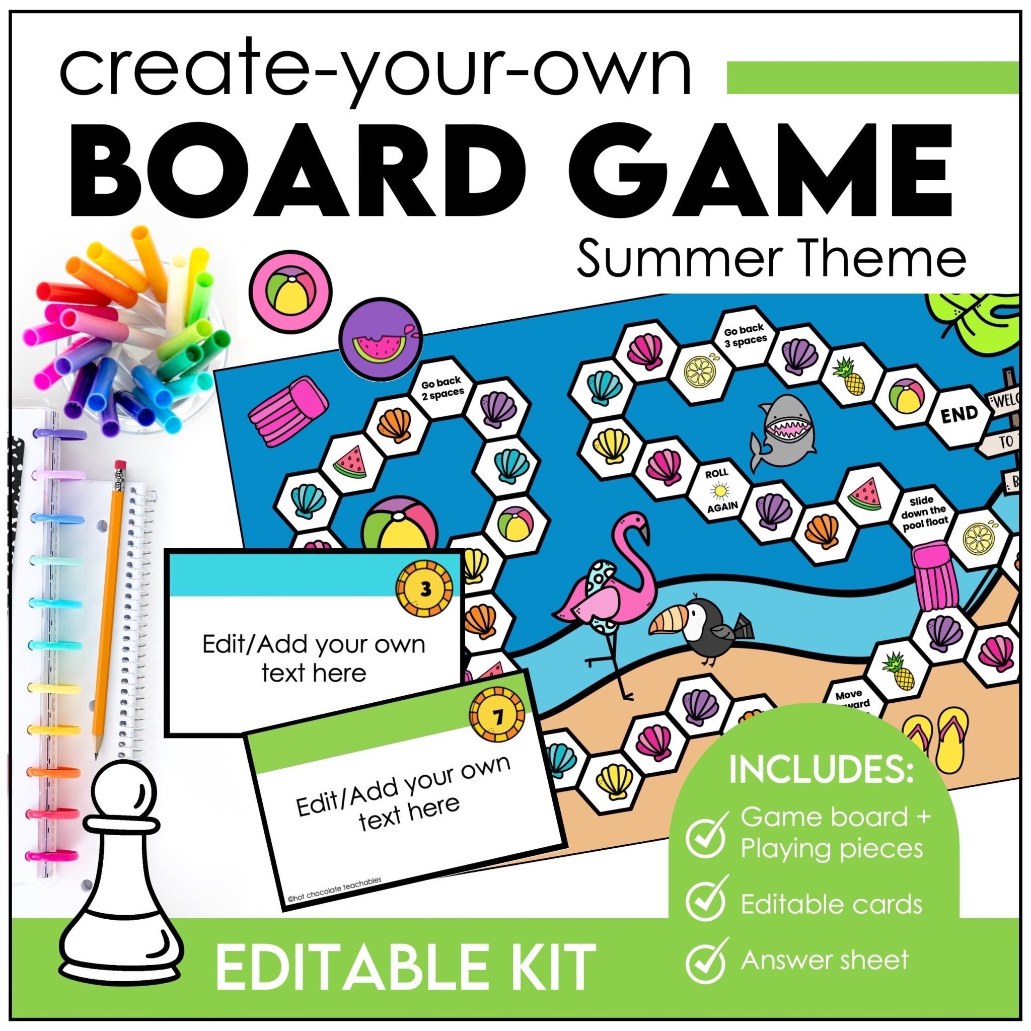 Summer Board Game Template for ANY subject with Editable Game Cards - Hot Chocolate Teachables