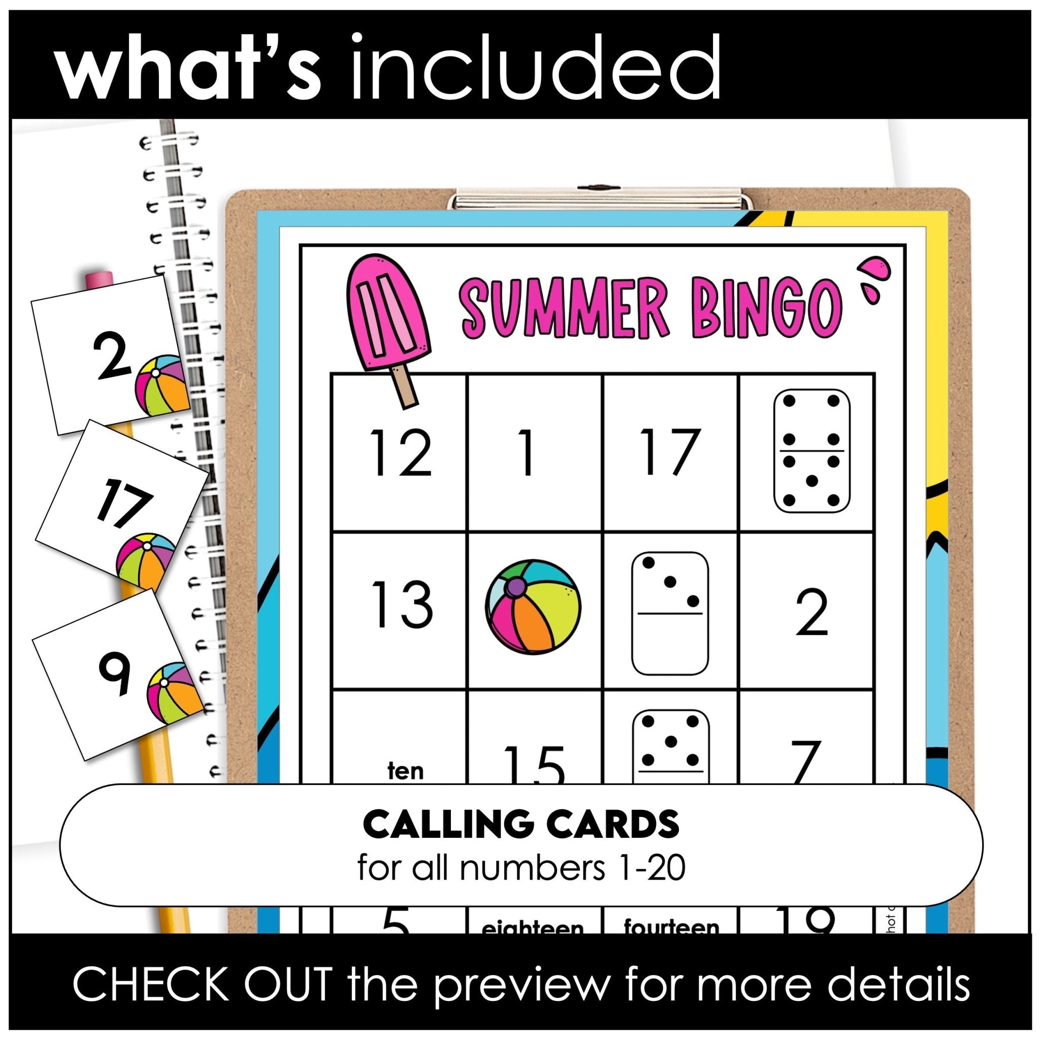 Summer Math Bingo Game 1–20 – Numerals, Number Words & Teen Number Practice - Hot Chocolate Teachables