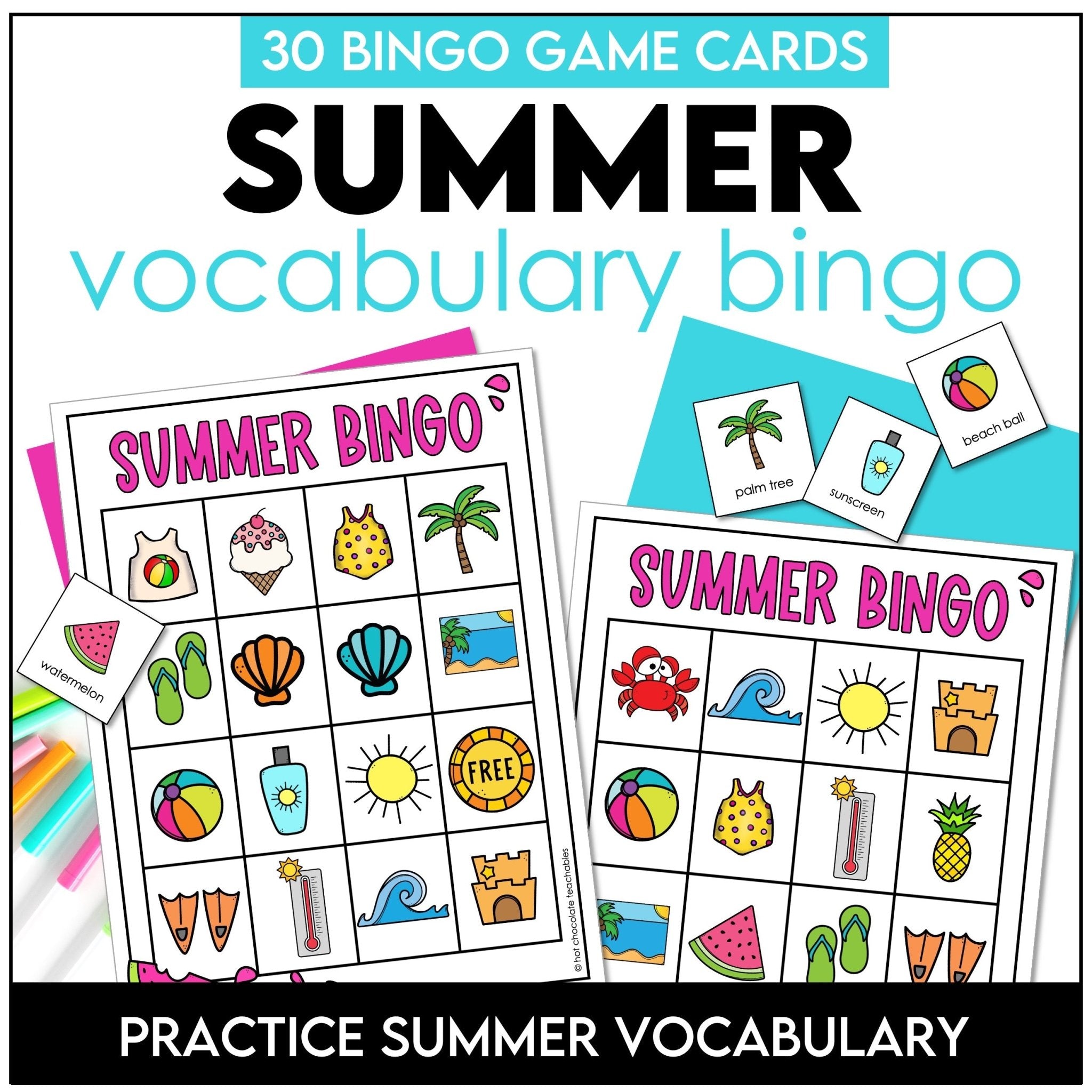 Summer Vacation Bingo Game | ESL Vocabulary Based Activity - Hot Chocolate Teachables