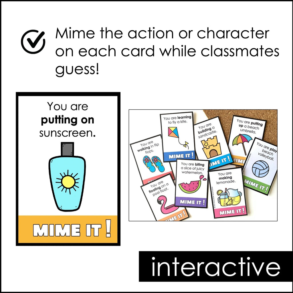 Summer Vacation Charades - Action Verb Miming Game for Kids - Hot Chocolate Teachables