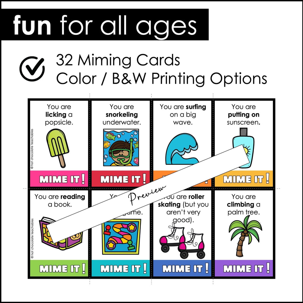 Summer Vacation Charades - Action Verb Miming Game for Kids - Hot Chocolate Teachables