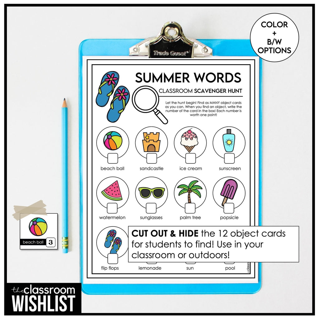 Summer Vocabulary Class Scavenger Hunt Game - Search for Objects w/ clues - Hot Chocolate Teachables