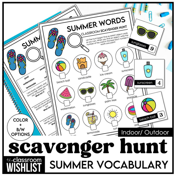 Summer Vocabulary Class Scavenger Hunt Game - Search for Objects w/ clues - Hot Chocolate Teachables