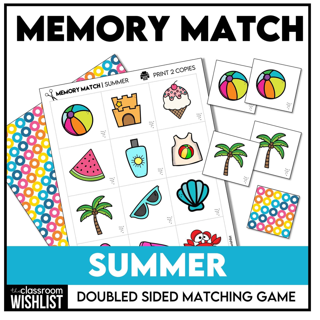 Summer Vocabulary Memory Game - 24 Picture Cards - Matching Activity - Hot Chocolate Teachables