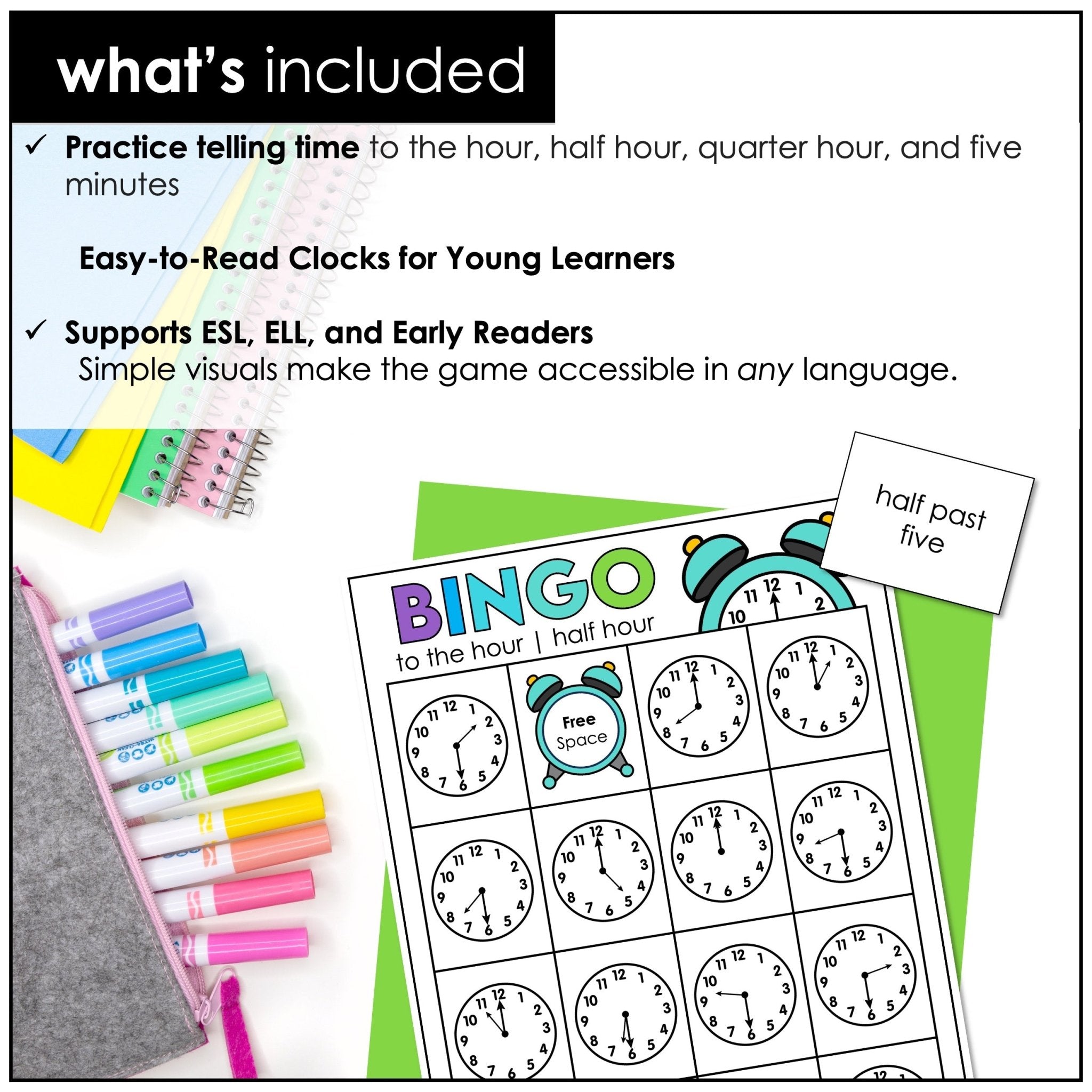 Telling Time Bingo Game – O’Clock & Half Past (ESL Time to the Hour & Half Hour) - Hot Chocolate Teachables
