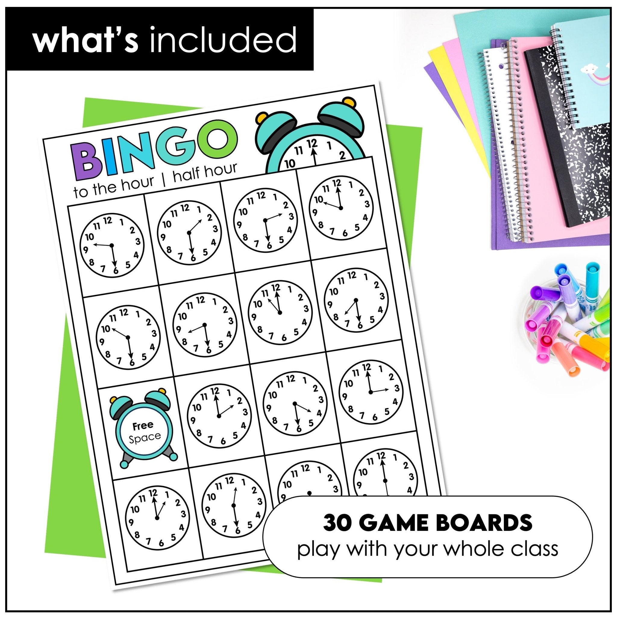 Telling Time Bingo Game – O’Clock & Half Past (ESL Time to the Hour & Half Hour) - Hot Chocolate Teachables
