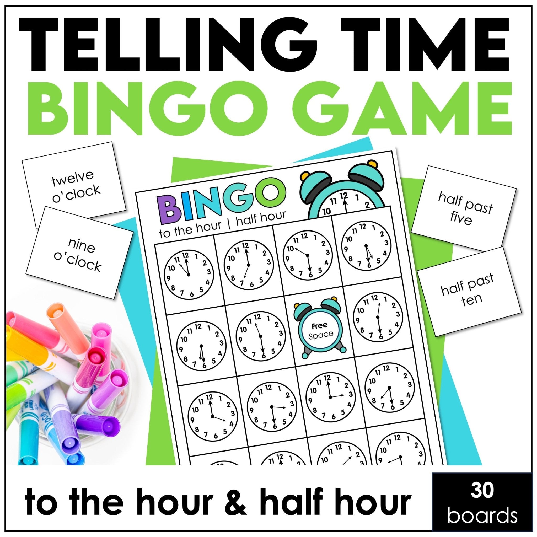 Telling Time Bingo Game – O’Clock & Half Past (ESL Time to the Hour & Half Hour) - Hot Chocolate Teachables