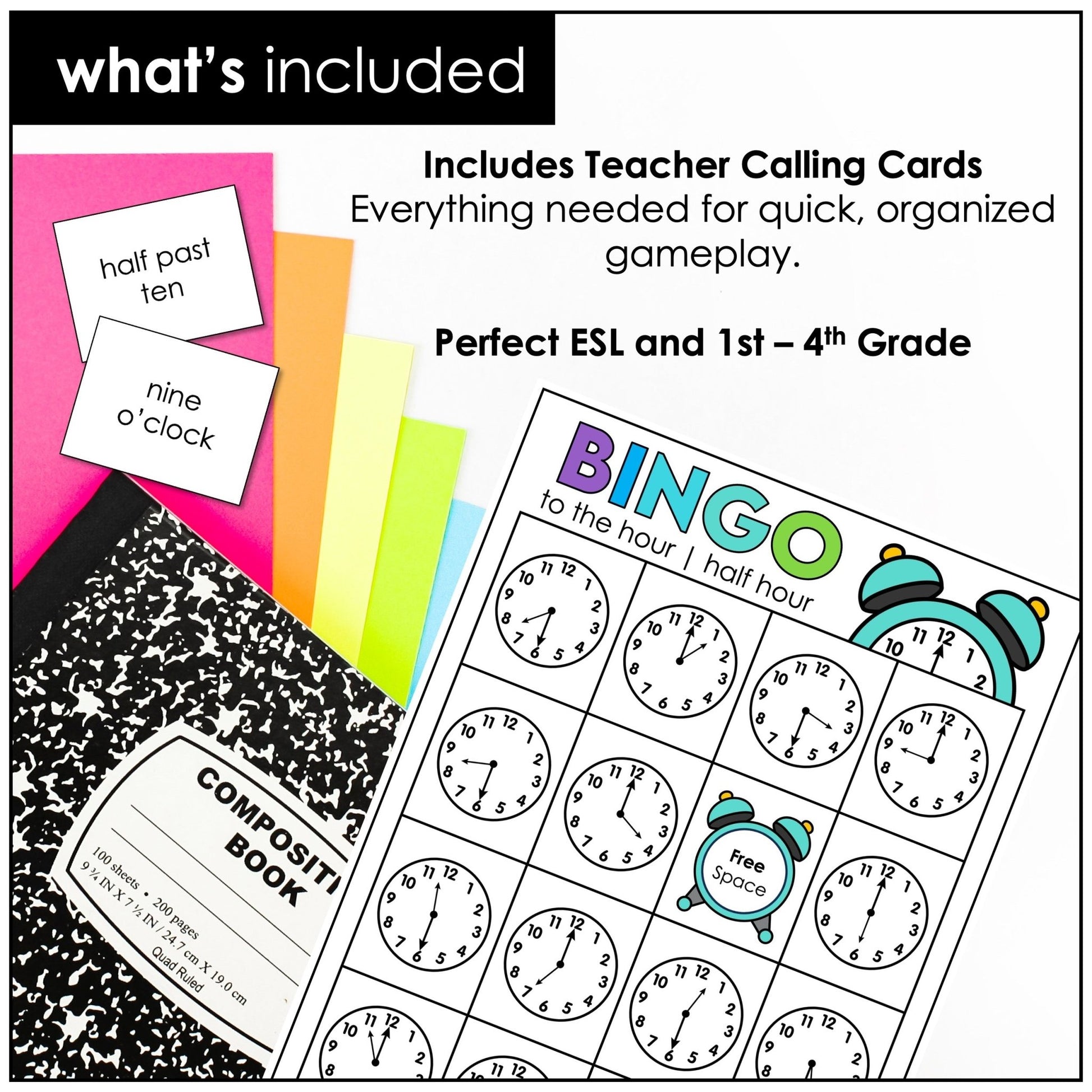 Telling Time Bingo Game – O’Clock & Half Past (ESL Time to the Hour & Half Hour) - Hot Chocolate Teachables