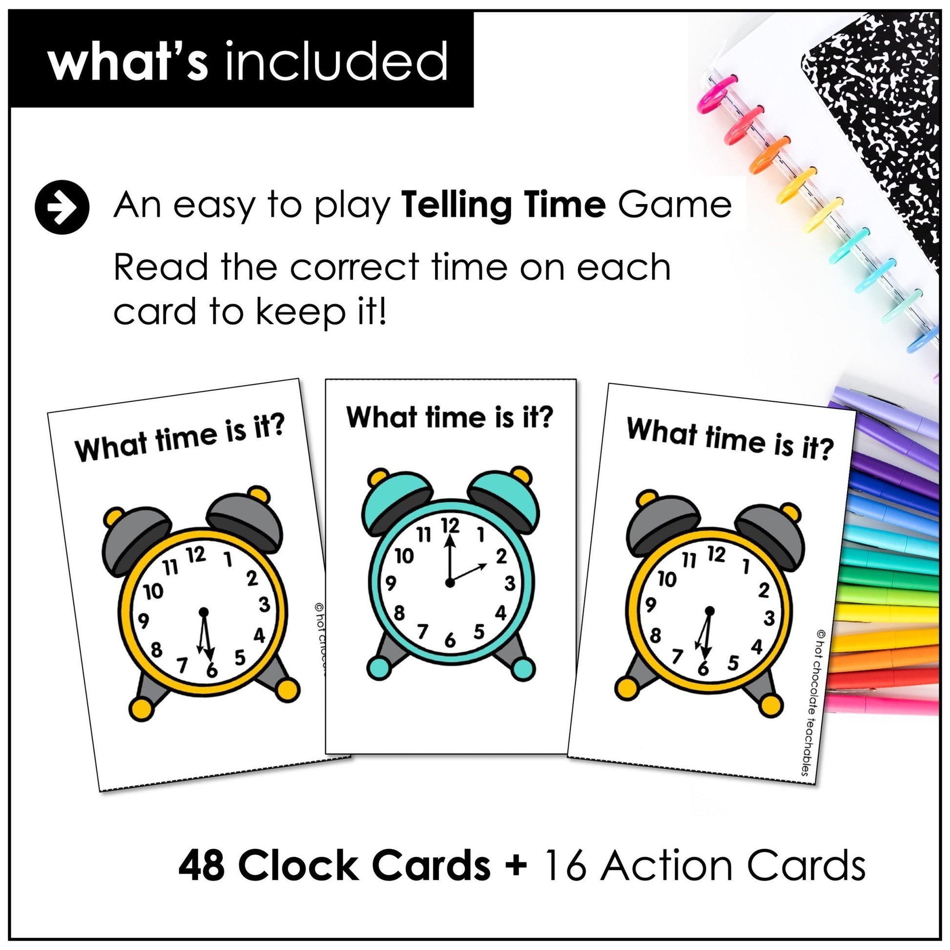 Telling Time Card Game – Analog Clock Practice (Hour, Half Hour & Quarter Hour) - Hot Chocolate Teachables