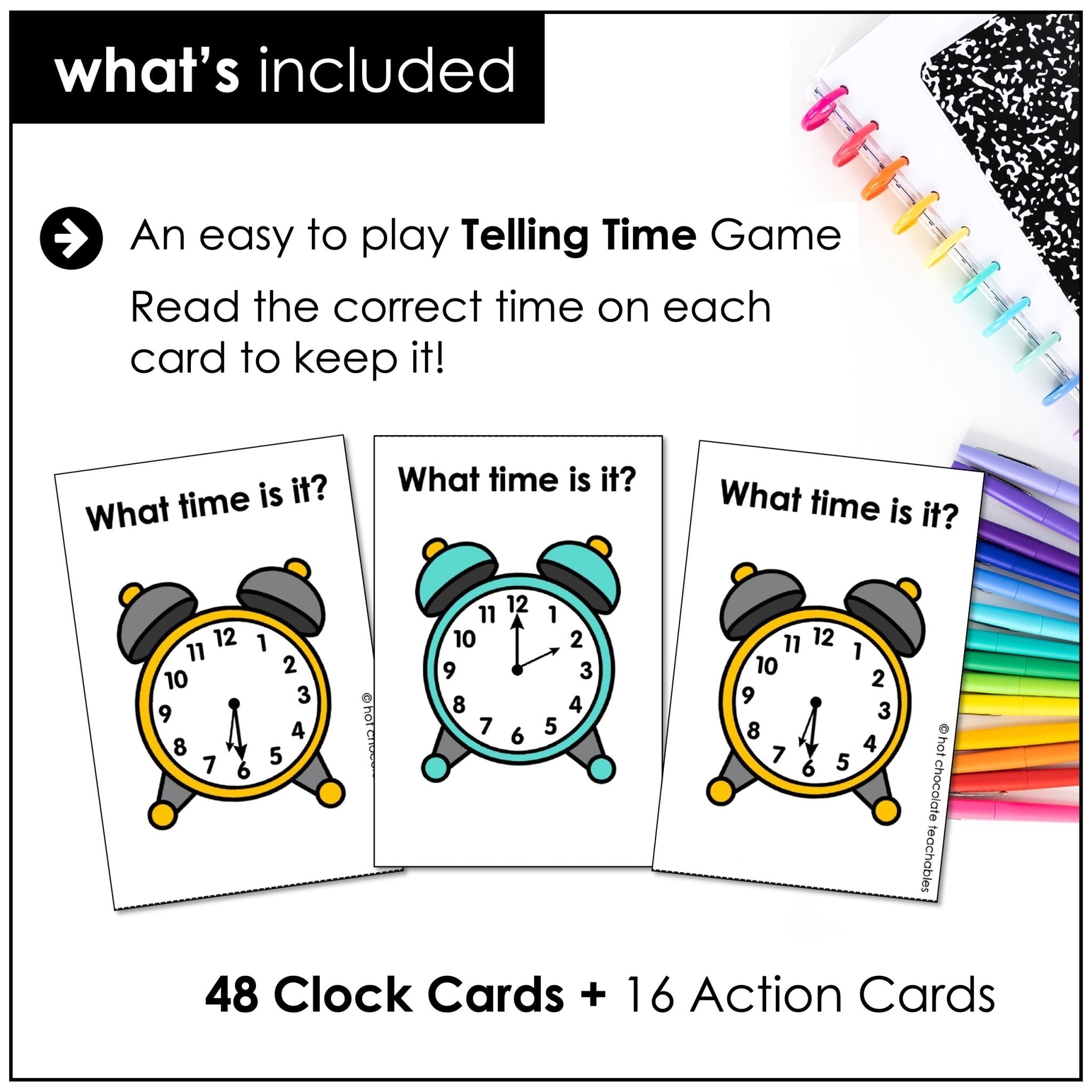 Telling Time Card Game – Analog Clock Practice (Hour, Half Hour & Quarter Hour) - Hot Chocolate Teachables