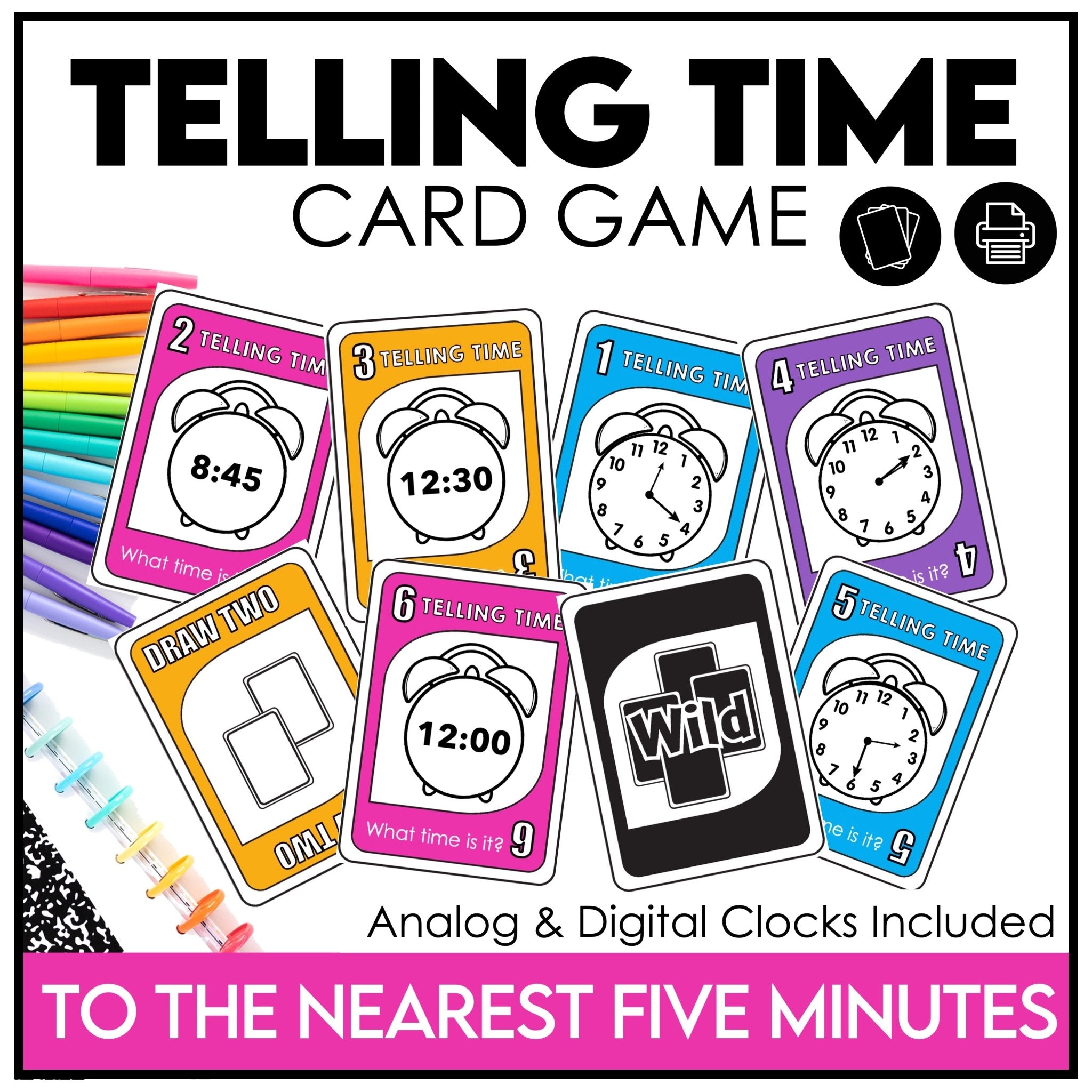 Telling Time Card Game | To the 5 minutes - What time is it? Digital & Analog - Hot Chocolate Teachables