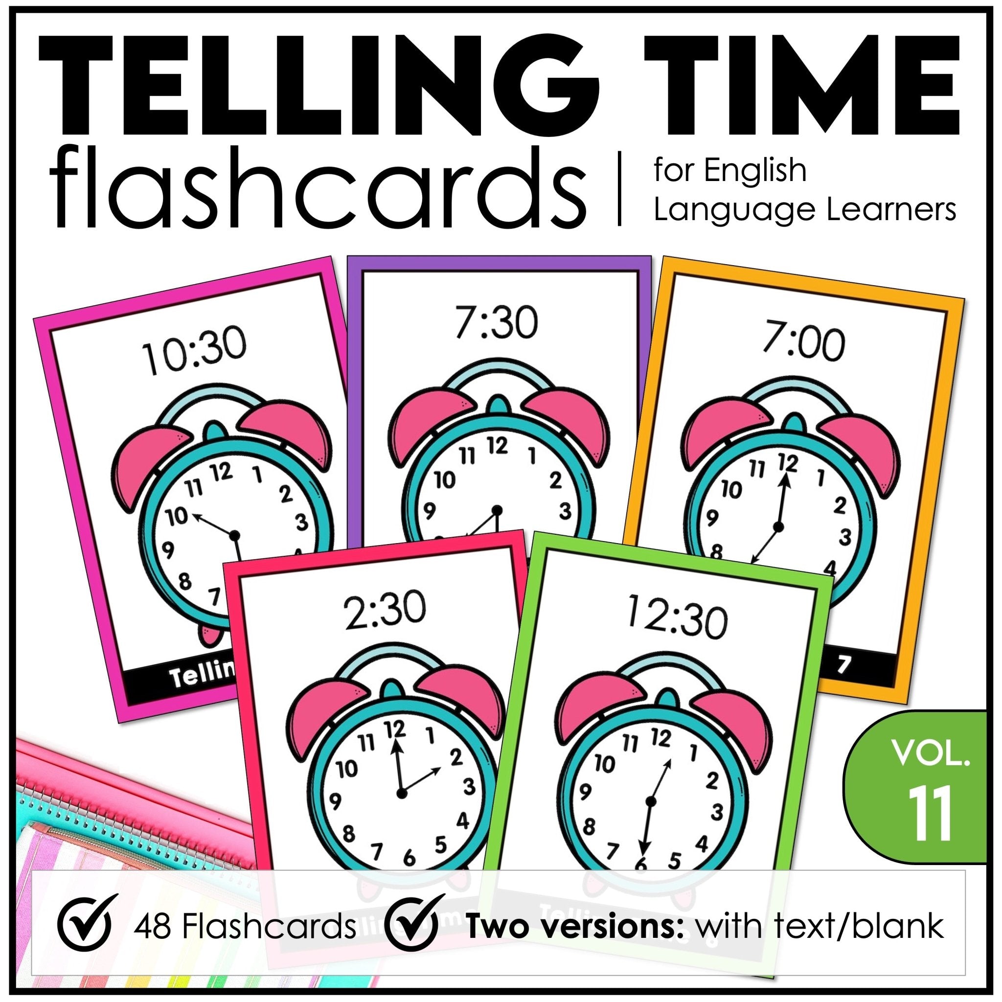 Telling Time Flashcards | ESL Task Cards - to the HOUR, HALF HOUR, QUARTER HOUR - Hot Chocolate Teachables