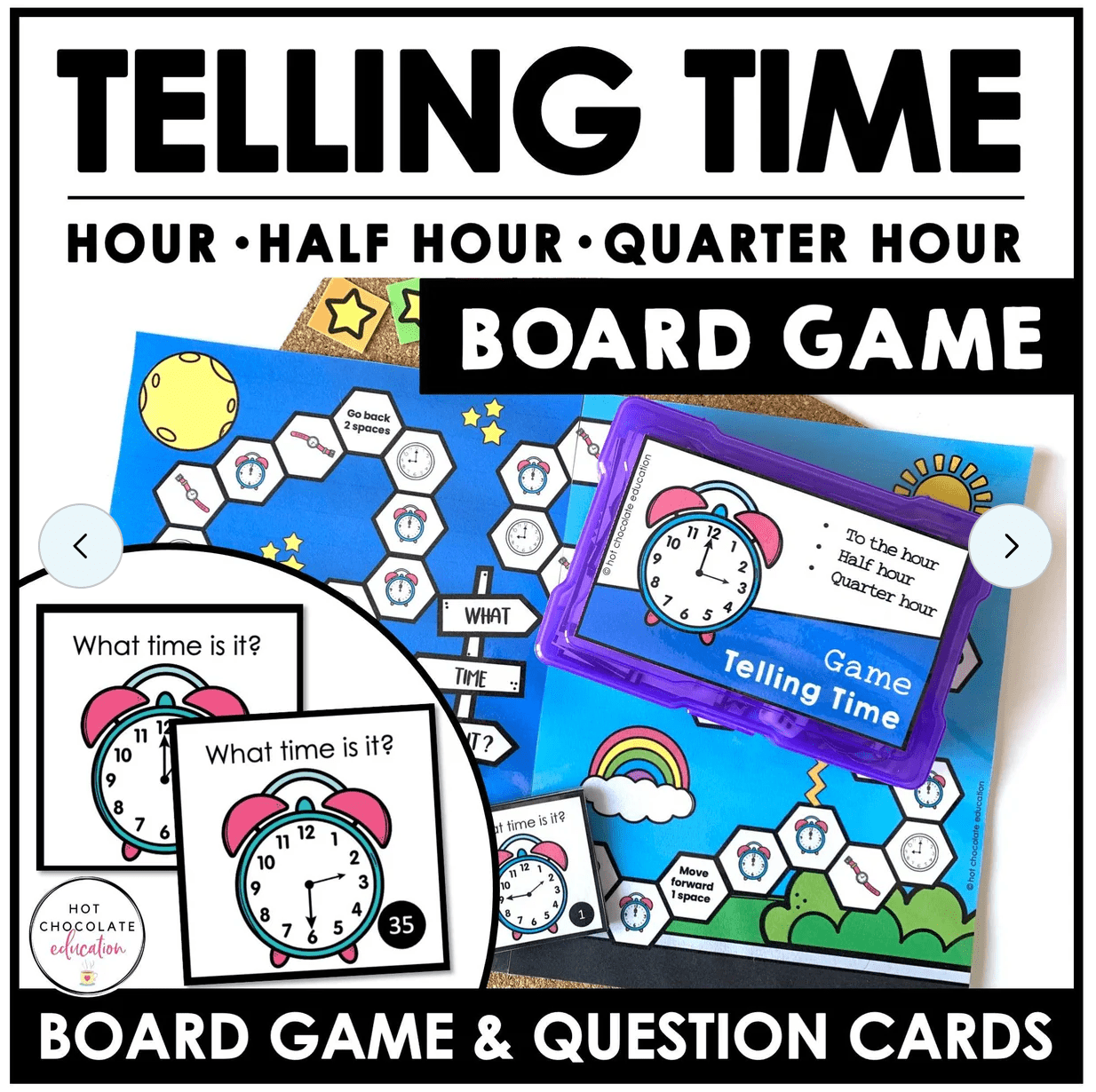 Telling Time Games BUNDLE - Hour, Half hour, quarter hour & nearest 5 minutes - Hot Chocolate Teachables