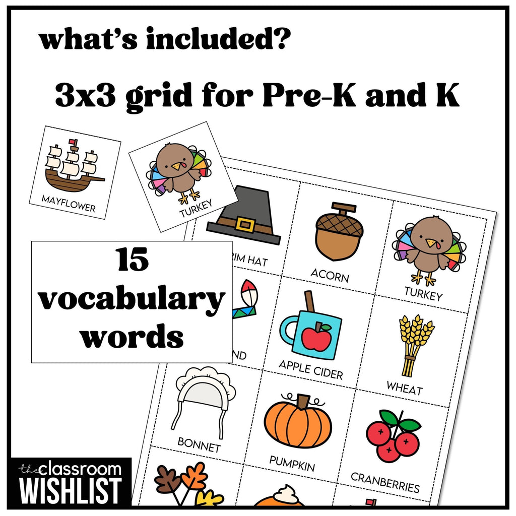 Thanksgiving Bingo Game for Preschool & Kindergarten | ESL Vocabulary Activity - Hot Chocolate Teachables