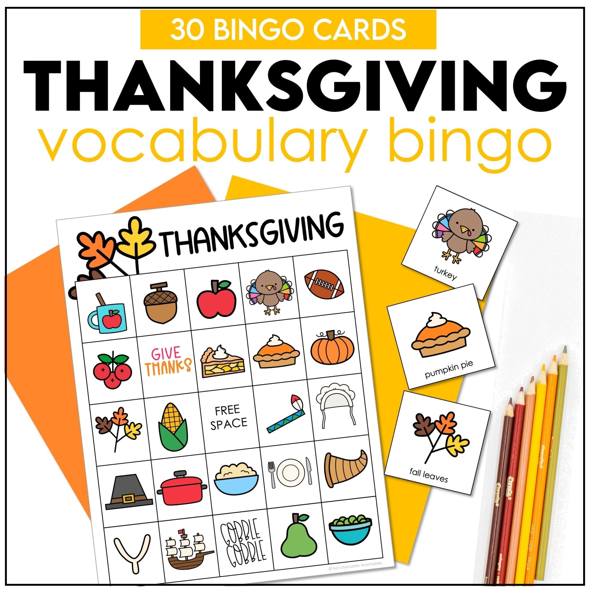 Thanksgiving ESL Vocabulary Bingo Game - English Text - Hot Chocolate Teachables