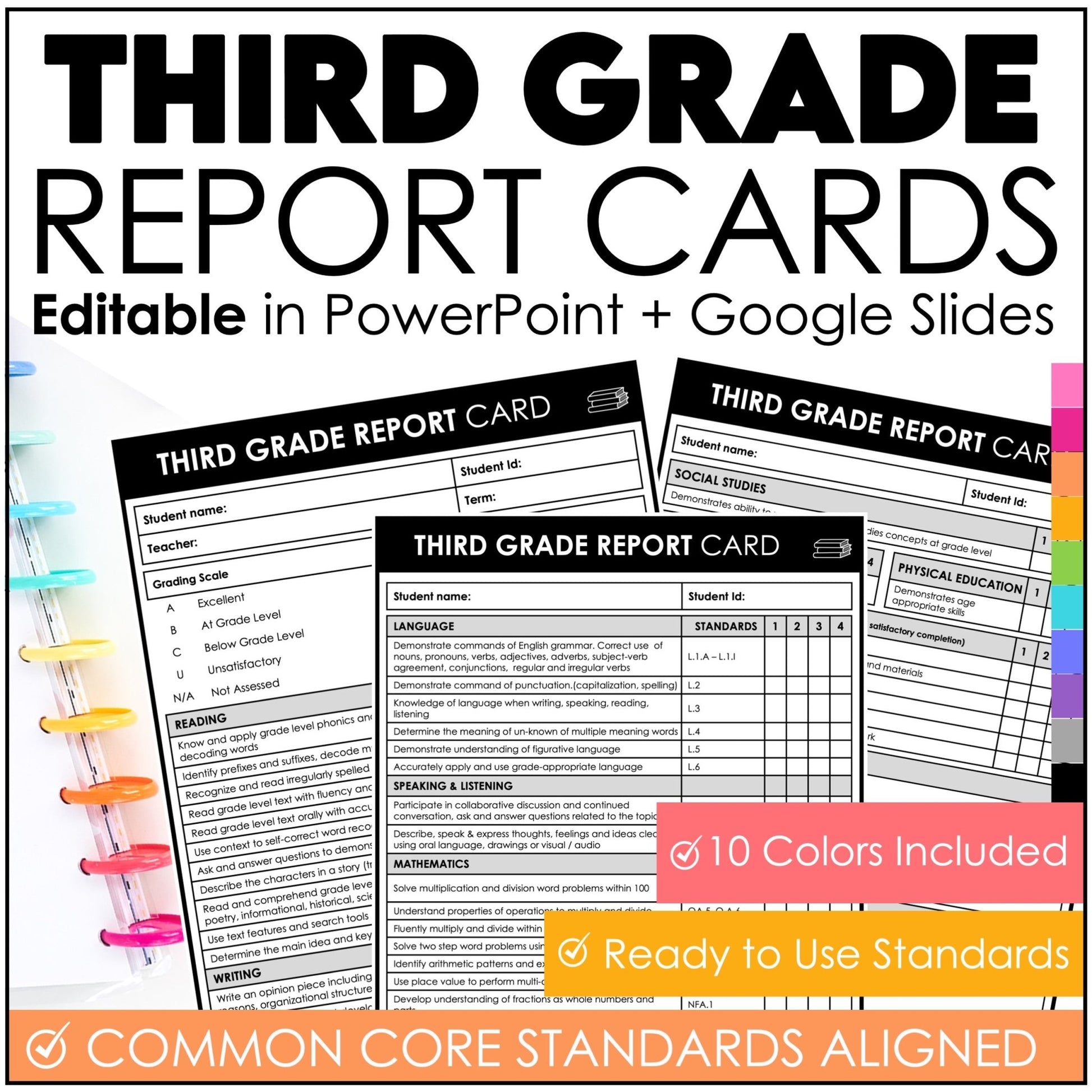 Third Grade Editable Report Card Templates with Common Core Aligned Standards - Hot Chocolate Teachables