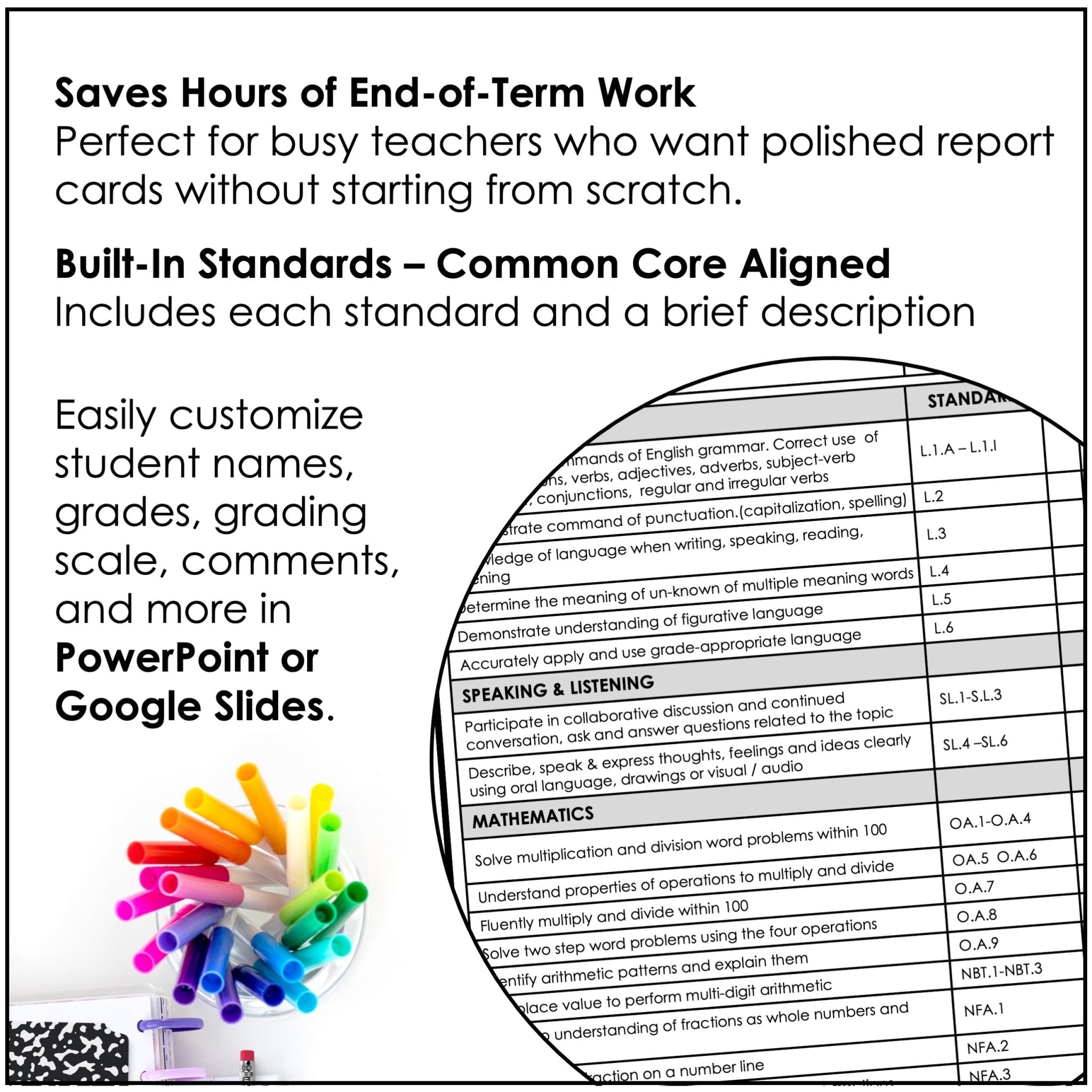 Third Grade Editable Report Card Templates with Common Core Aligned Standards - Hot Chocolate Teachables